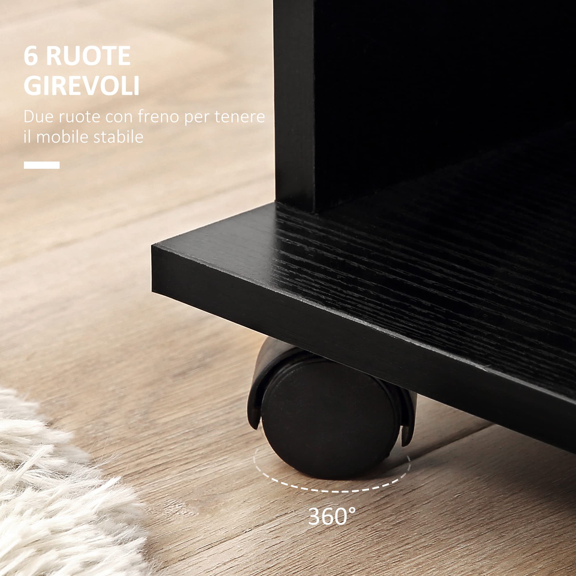 HOMCOM Stand Appendiabiti con 6 Ruote, Appendiabiti da Terra con 5 Ripiani e 2 Aste per Vestiti, Guardaroba Porta Abiti in Legno e Alluminio, per Camera da Letto Soggiorno Corridoio Ingresso, Nero