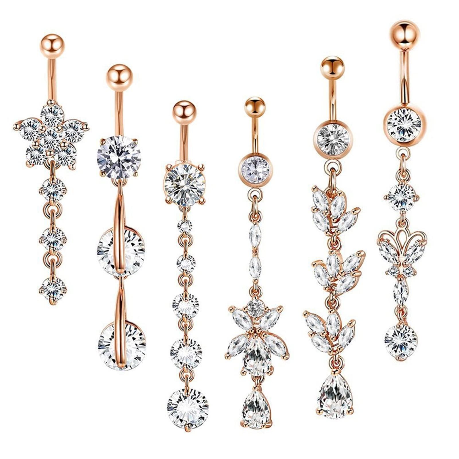 Bauchnabelpiercing, Bauchnabelpiercing Glitzer Edelstahl 6 Stück 14G Bauchnabelpiercing Damen Weiß Rund Zirkonia Blumenkreisdesign