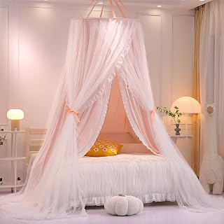 VETHIN Princess Double Layer Dome Canopy Bed Curtain Pink/White - Mosquito Net Castle Tent for Girls Full Size Bed, Kids Reading Nook