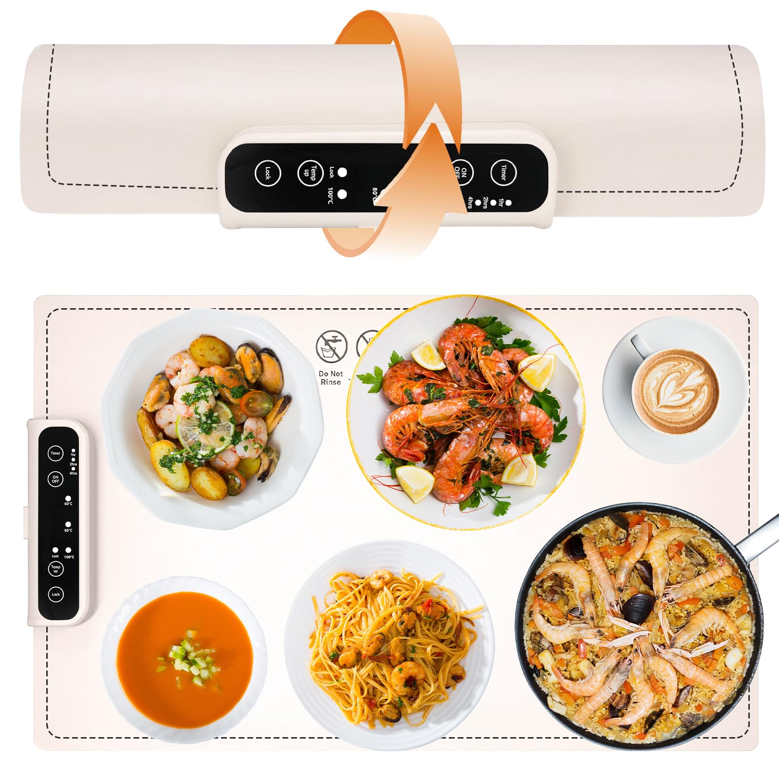 Bandeja Calefactora Electrica, Alfombrilla Calefactora Plegable para Alimentos, Tres Niveles de Temperatura, Tres Modos de Tiempo, Aislamiento en Toda La Superficie y Enrollado Flexible