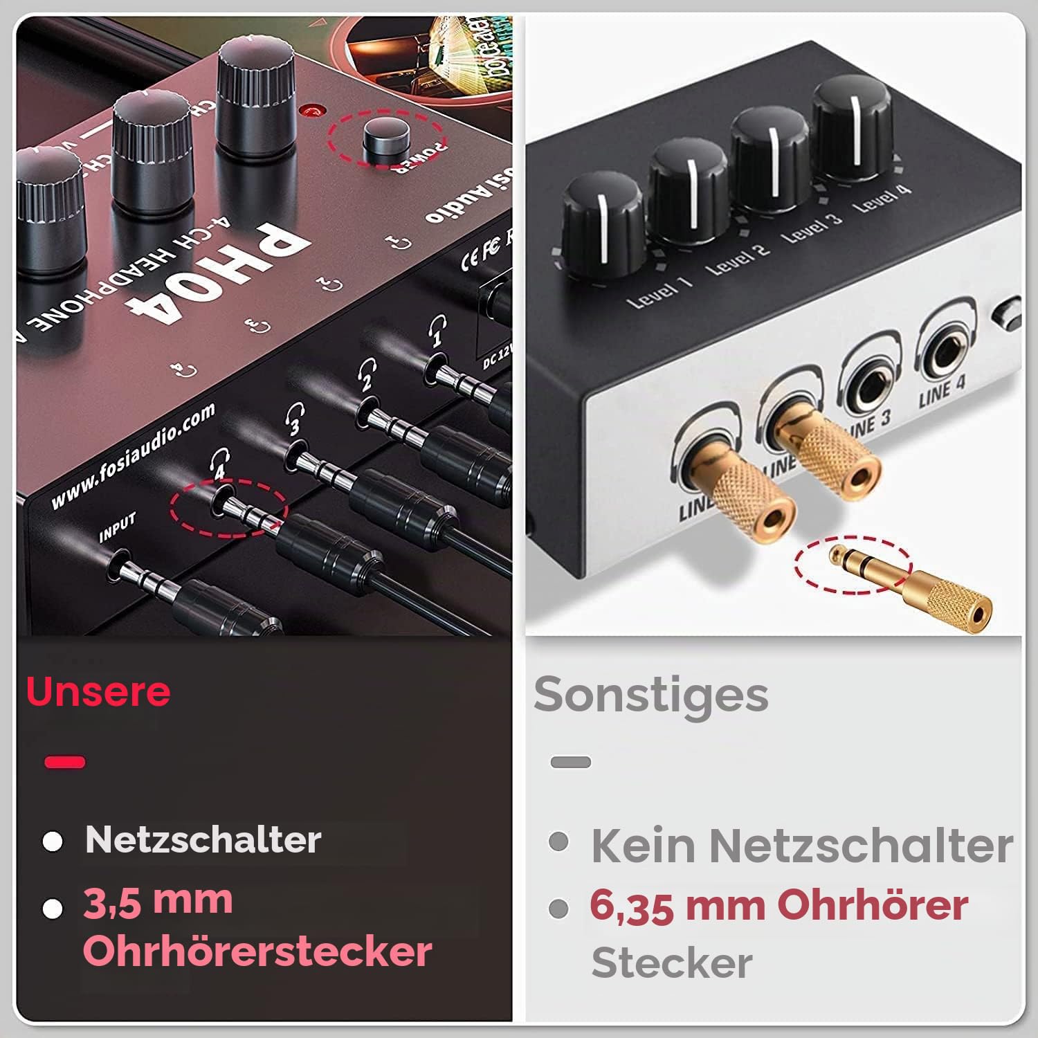 Fosi Audio PH04 4 Kanal Kopfhörerverstärker Metall-Stereo-Audio-Verstärker mit 12V 1,5A-Netzteil, ultrakompakter tragbarer Kopfhörersplitter für Studio und Bühne