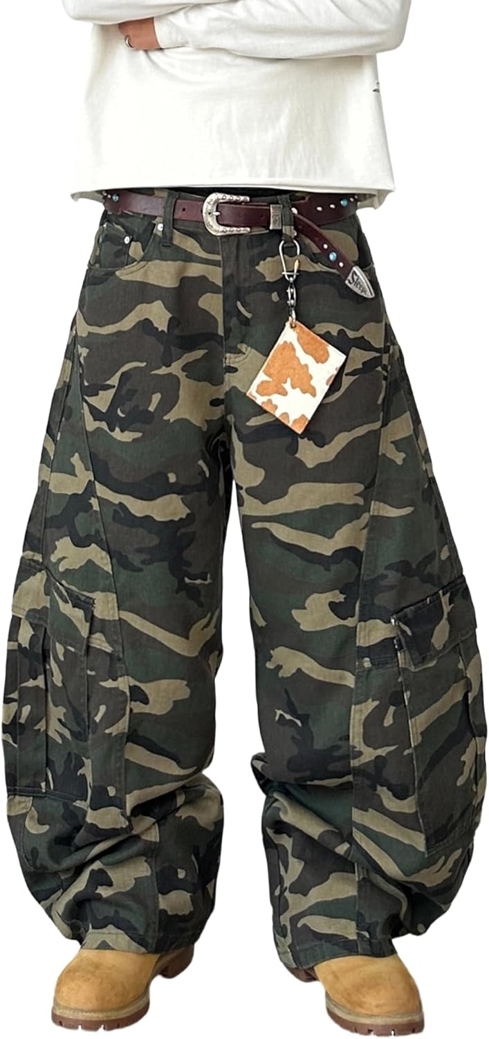 Mens Baggy Jeans Camouflage Loose Cargo Pants Hip Hop Wide Leg Trousers Mid Waist Skater Jeans