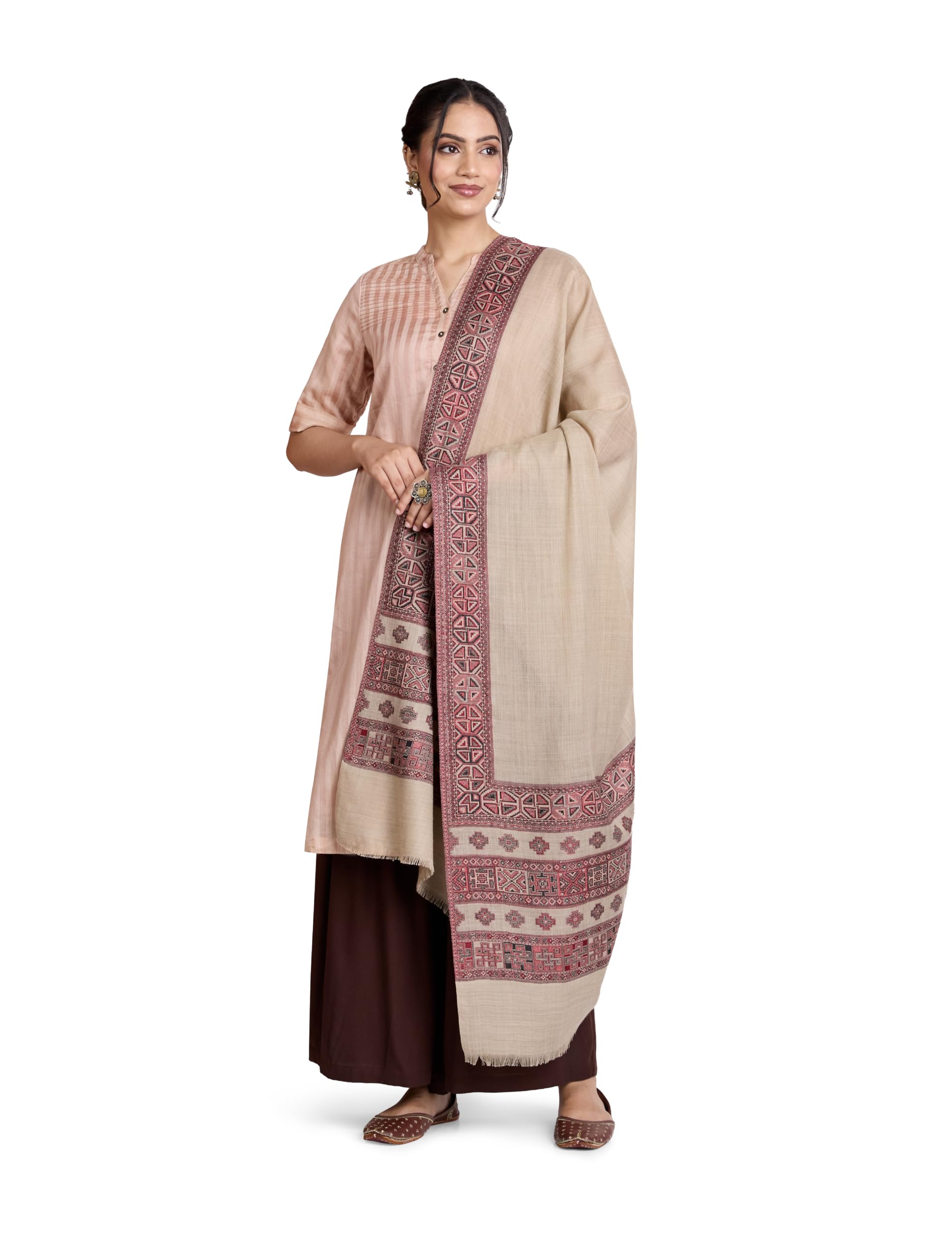 amazon brand - myx Women's Premium Kashmiri Shawl | Camel Solid with Beige Jacquard Border | Soft Feel Winter Ethnic Wrap (Size: 102 X 208 CM)-picture-15