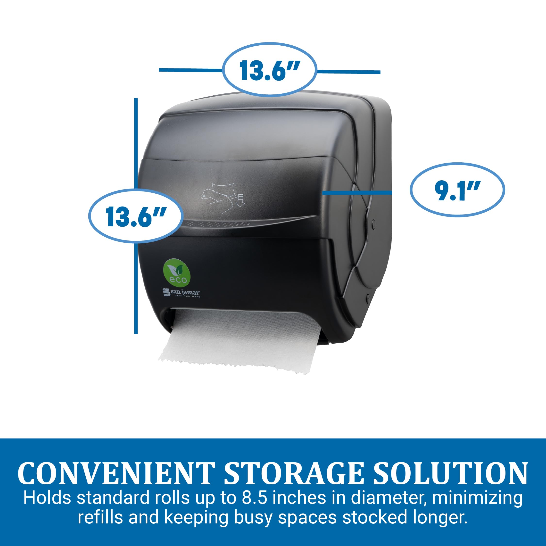San Jamar Ecologic Integra - Dispensador de Toallas de Papel de plástico Reciclado, Capacidad Universal de Rollo, dispensador montado en la Pared para el hogar y el Negocio, Universal, Color Negro