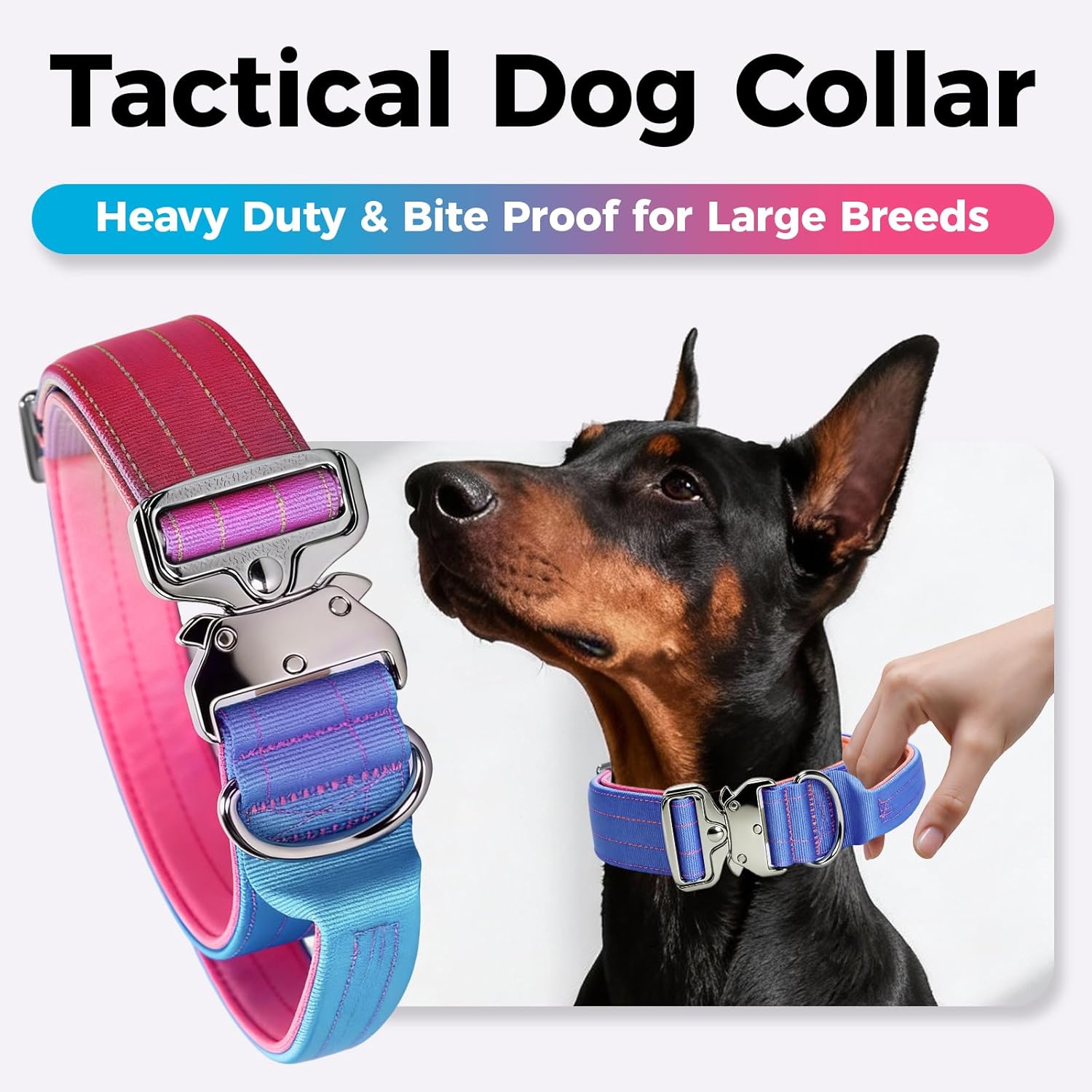 Tactical Dog Collar, Adjustable Heavy Duty Dog Collar with Handle Soft Neoprene Padded Training Collar with Quick Release Metal Buckle for Large Dogs (Gradient Pink, L)