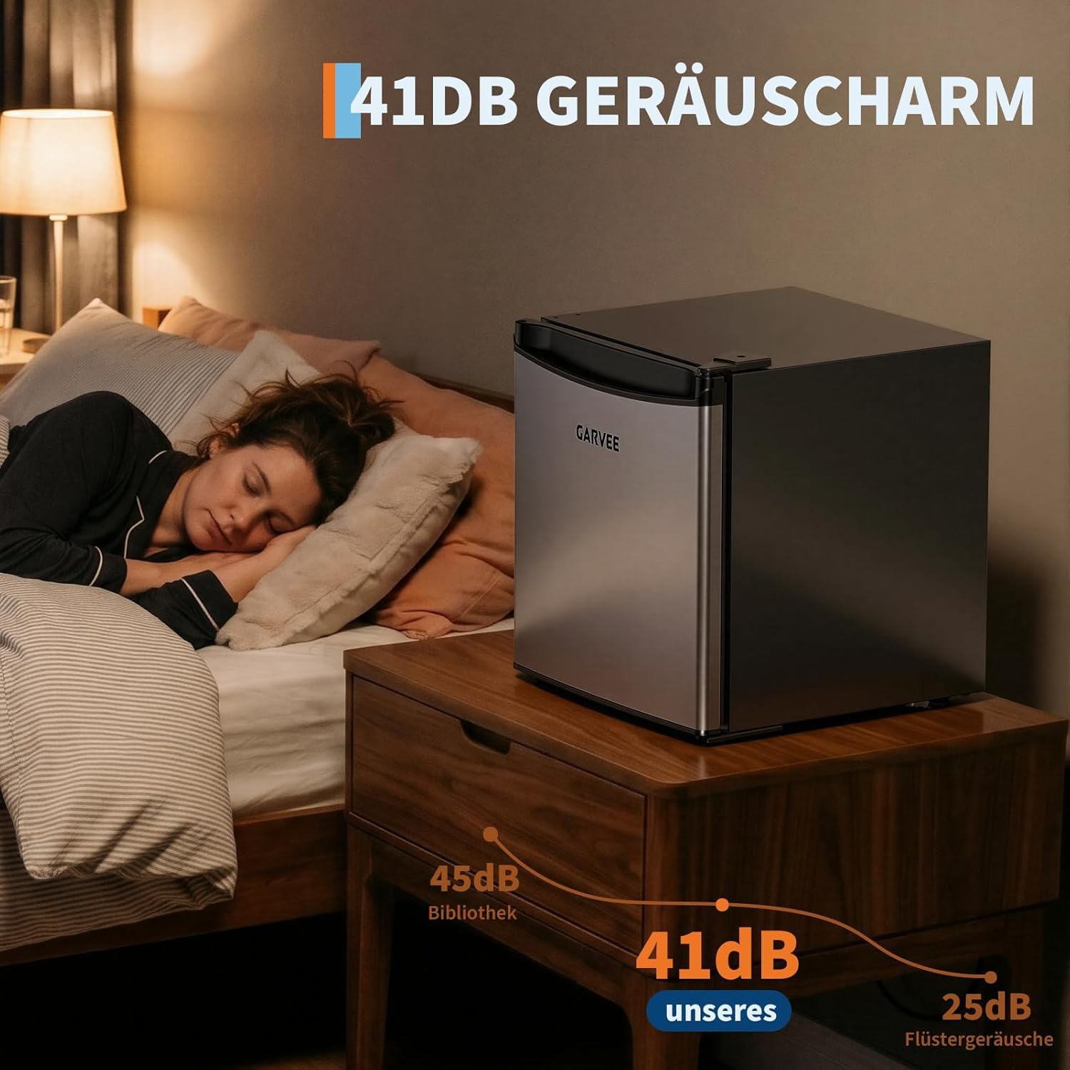 Garvee Leiser Mini Kühlschrank 45L Edelstahlfront 5 Temperaturstufen 0–18℃ Gemüseschublade verstellbare Füße kompakt energieeffizient
