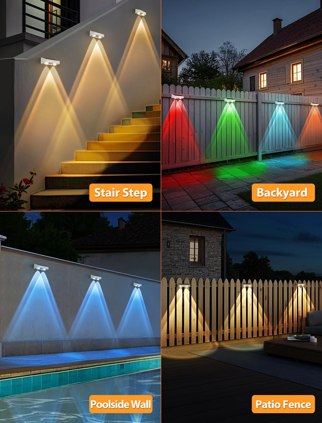 Solar Fence Lights, 7 RGB Colors, Warm White, Cool White Bright Lens LED, Dusk to Dawn Deck Light, Fence Solar Lights Outdoor Waterproof for Backyard/Railing/Wall/Step/Patio/Pool (4 Pack White Shell)