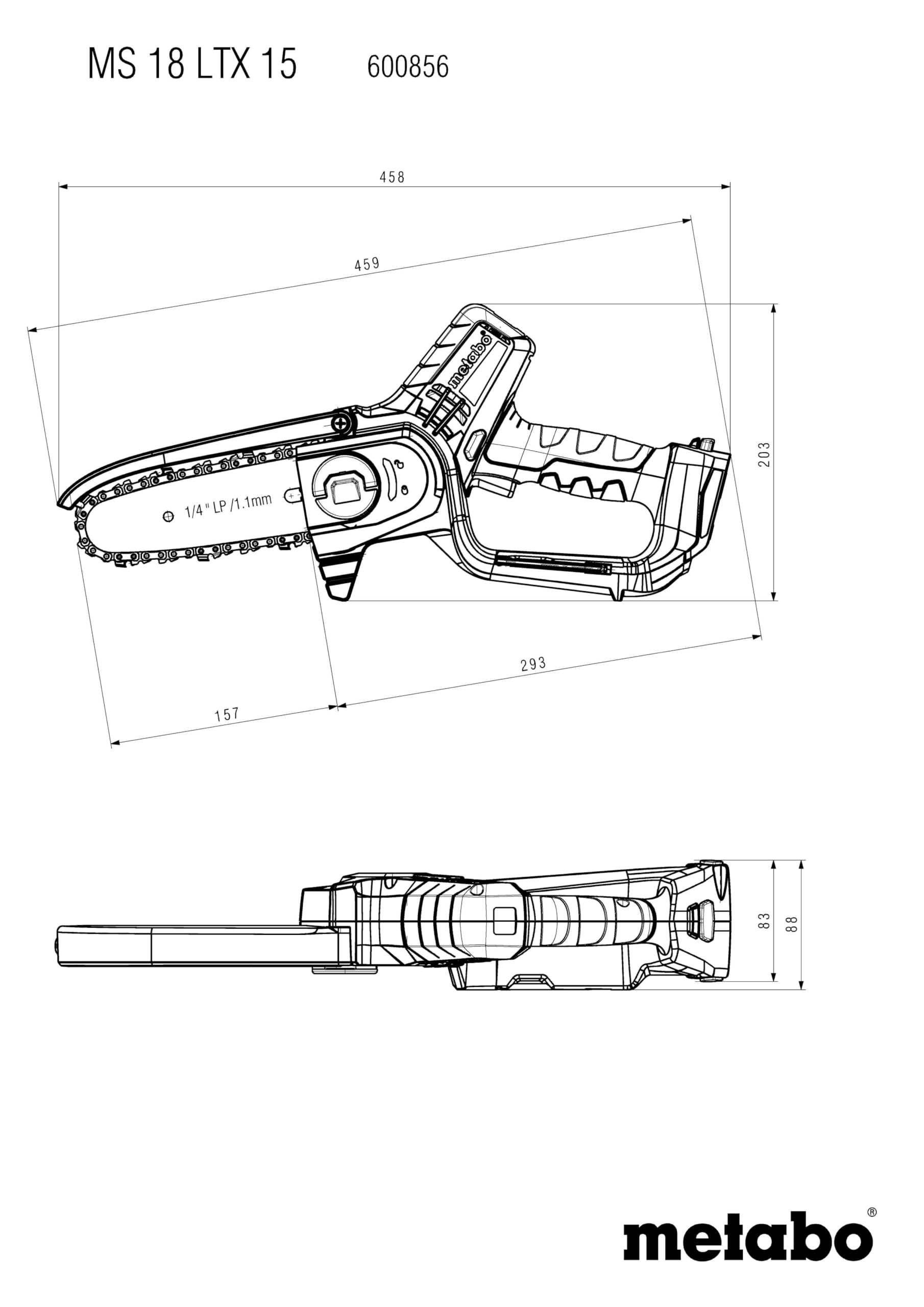 Metabo sega per arbusti a batteria MS 18 LTX 15 – 18V, lama da 15 cm – Ideale per la potatura di alberi e rami verdi, alta velocità della catena – Leggera e maneggevole – Inclusa metaBOX
