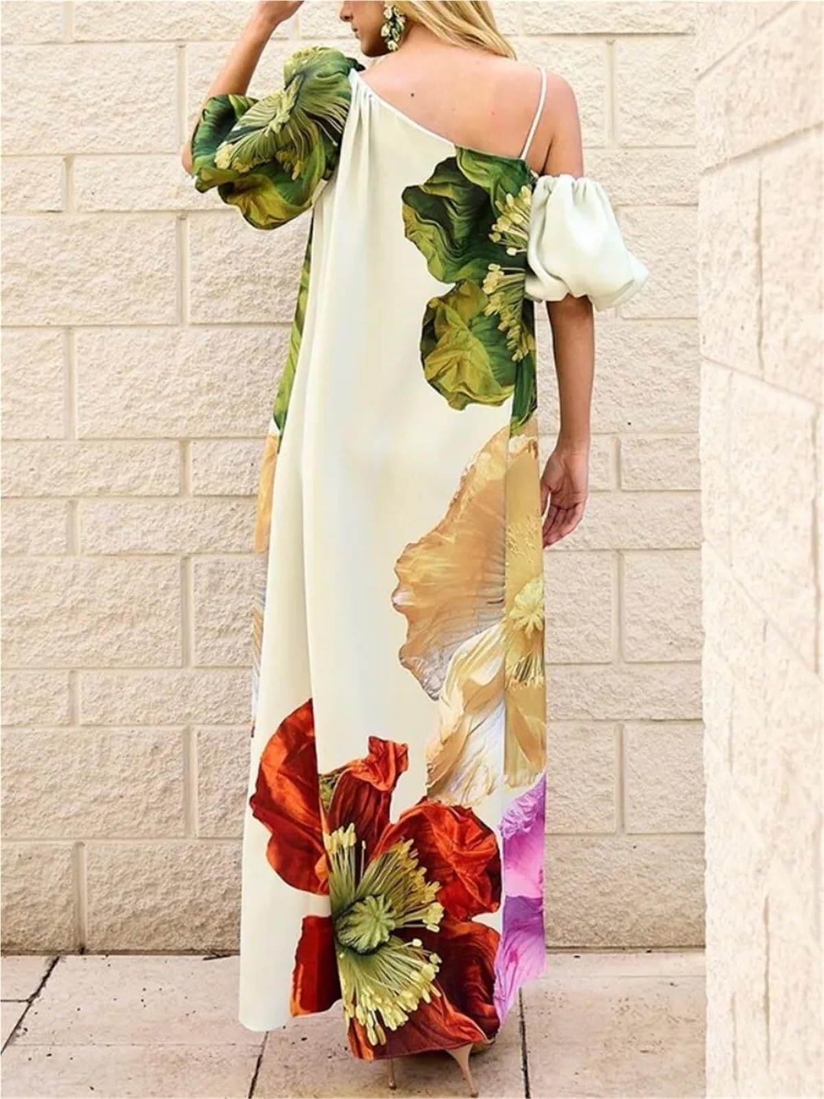 Vestido Playa Mujer Vestido Largo De Verano con Estampado Floral Un Solo Hombro, Elegante, for Fiesta, Noche, Vacaciones, Playa