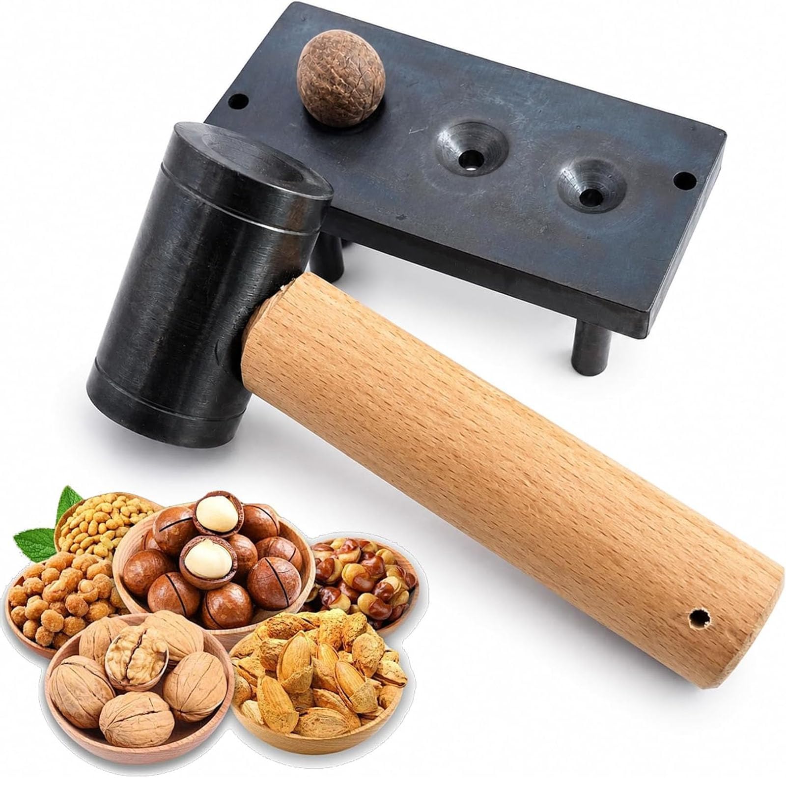 fnotlfue Manual Nutcracker, Cast Iron Nut Cracker With Hammer And 3 Tapered Cracking Holes (12/16/19mm), For Walnuts, Chestnuts, Pecans, Hazelnuts, Almonds And Other Hard-shell Nuts