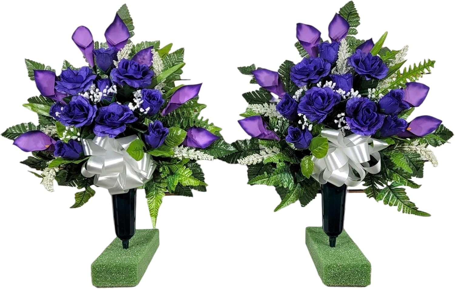 Realistic Artificial Cemetery Flowers - Silk Faux Floral Purple Rose and Calla Lily Bouquet Pair for Grave - 2 Headstone Decorations - Memorial Flowers