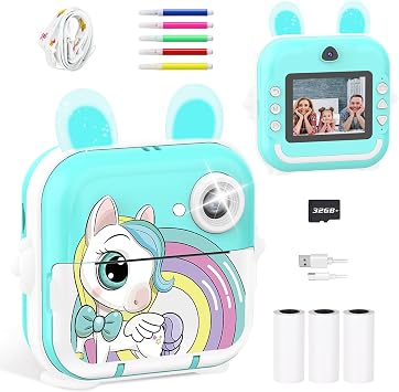 Kids Camera Instant Print Girls Boys, 2,4" HD 1080P, 32GB Card, with Photo Paper and Colored Pens, Instant Camera Holiday Birthday Gifts, Printable Toddler Portable Travel Print Toy Blue