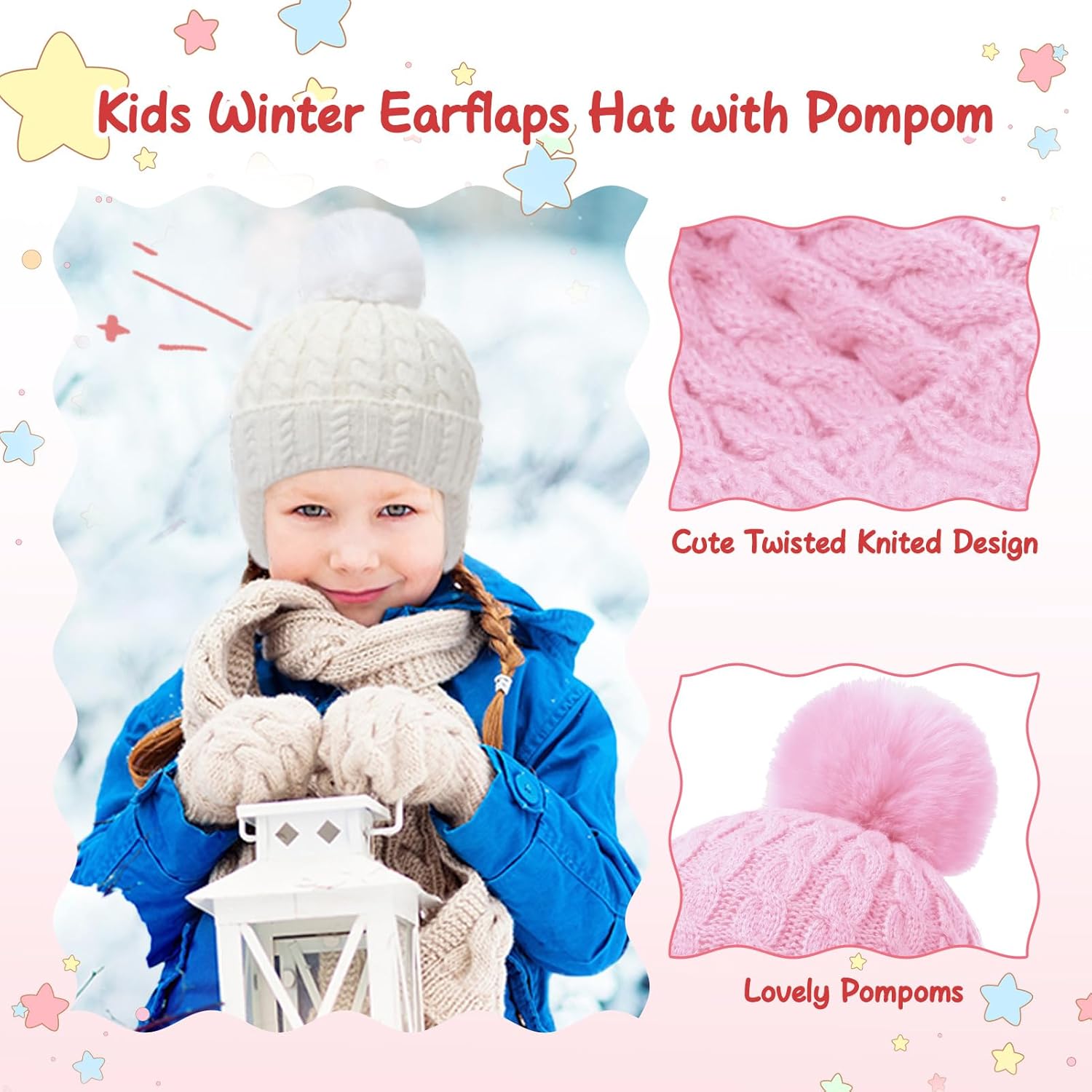 Toddler Baby Winter Hat with Earflap Kids Warm Twisted Knit Hat Infant Pom Pom Beanie Ski Cap for Baby Girls Boys - Image 4