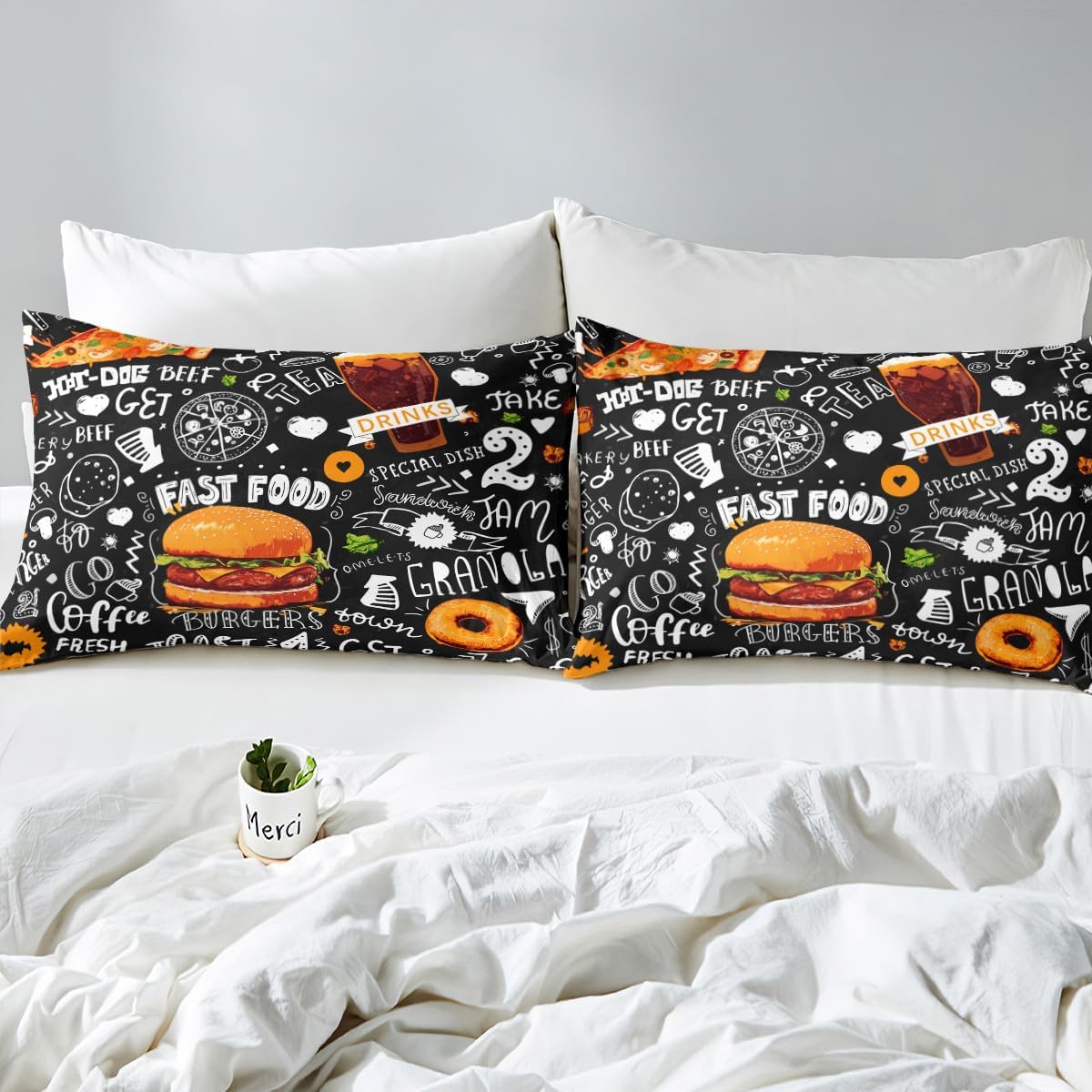Feelyou Kids Fitted Sheet Pizza Hamburger Print Bedding Set for Boys Girls Children Cute Graffiti Pattern Bed Sheet Set Room Decor Queen Size 3Pcs