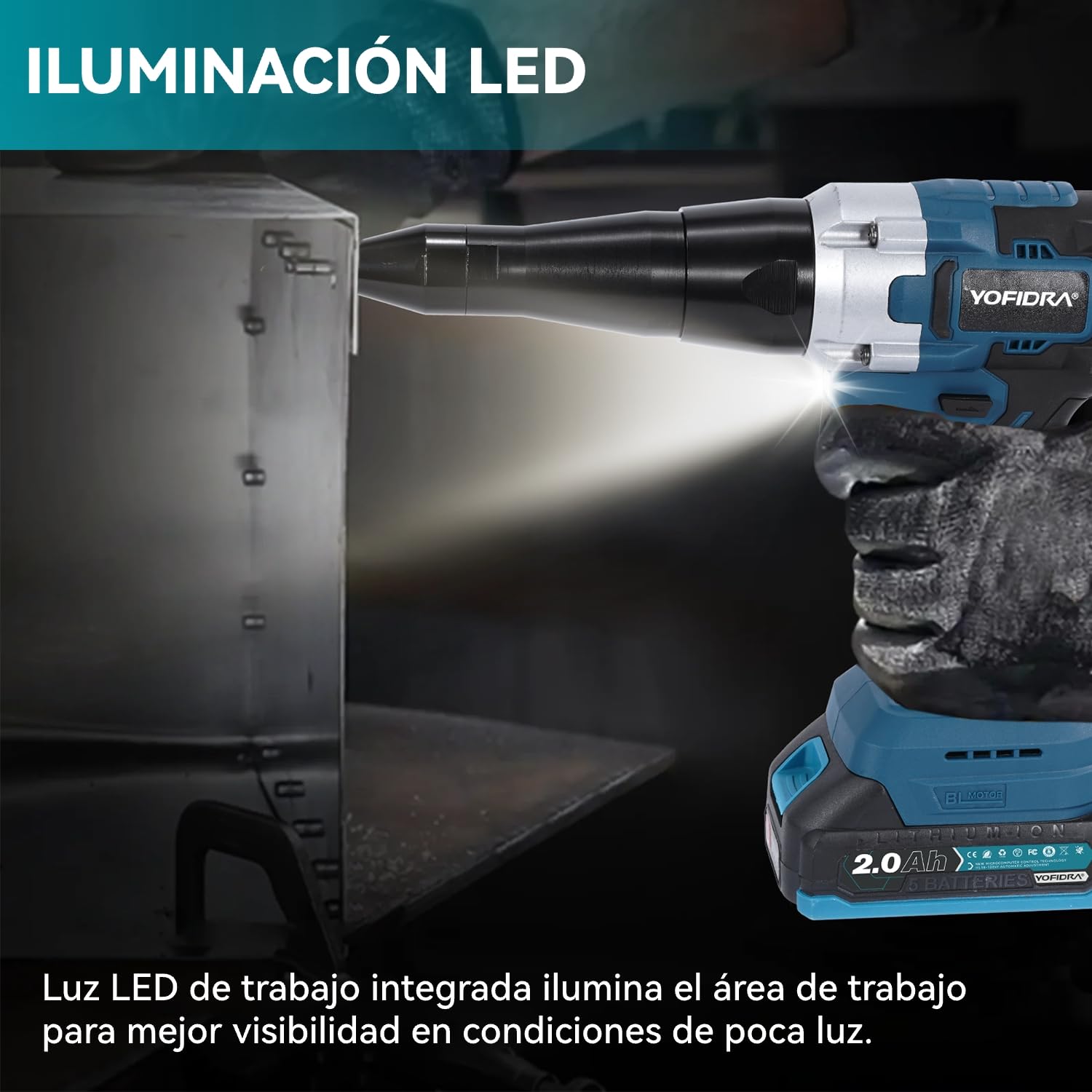Yofidra Pistola Remachadora a Batería, Remachadora Eléctrica sin Escobillas 20000N, Remache Inalámbrica para Remaches de 2,4-5,0 mm, Luz LED, Remachadora Automática con 2 Baterías de 2,0 Ah