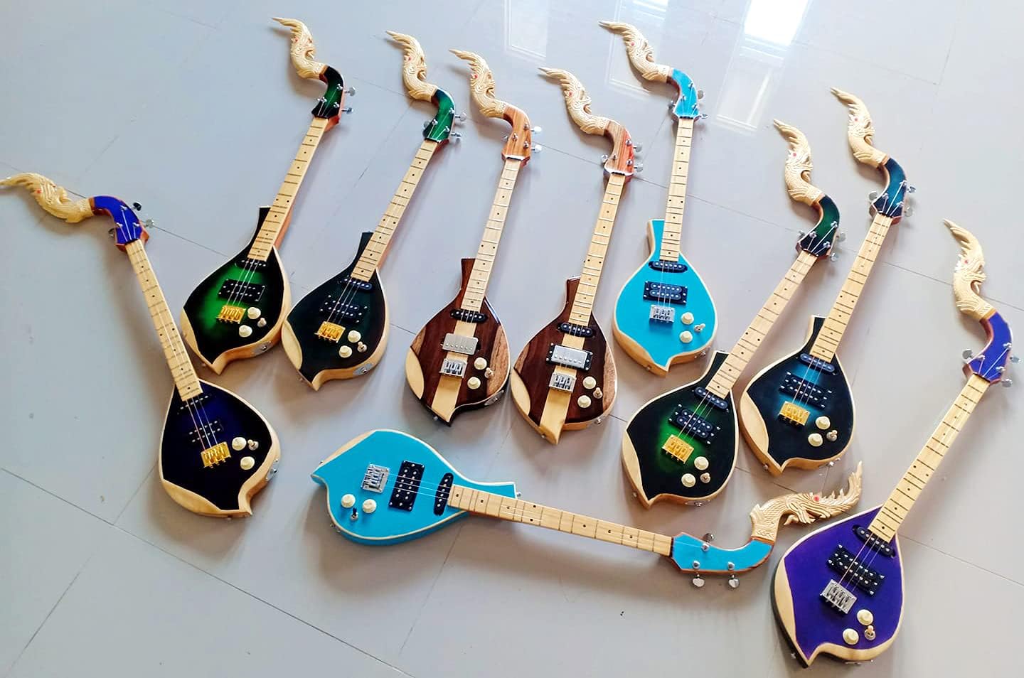 Isarn Electric Phin 3 Strings, Thai Lao Guitar Musical Instrument, Traditional Thai Musical Pin77 (Brown-B)