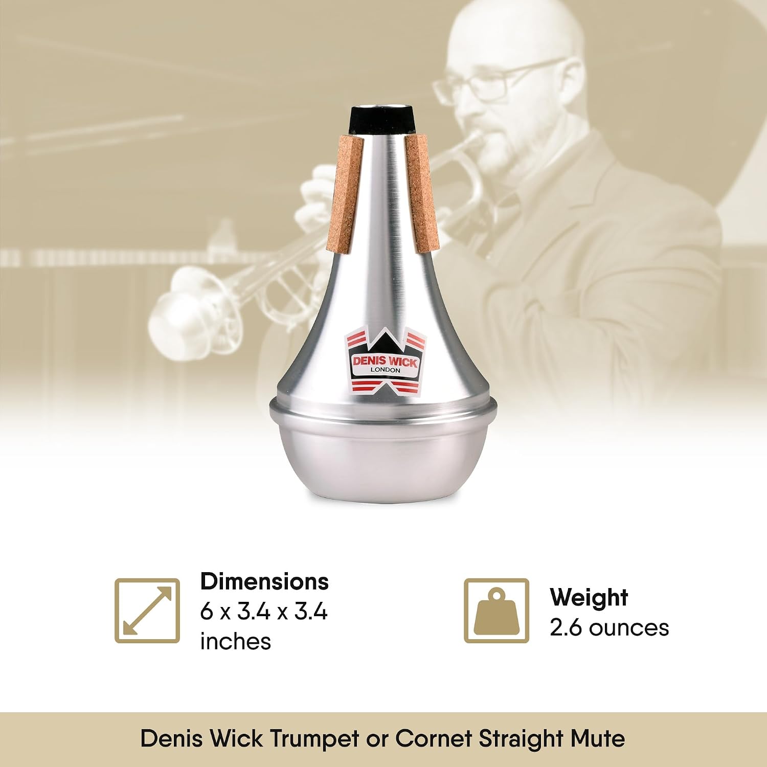 Denis Wick Straight Mute for Trumpet or Cornet, 5504 - Hand-Spun Aluminum Mute with Natural Cork - Brilliant Tone, Reliable Intonation & Tight-Bell Fit for Performance - 6.1 x 3.4 x 3.4 In, 2.26 oz