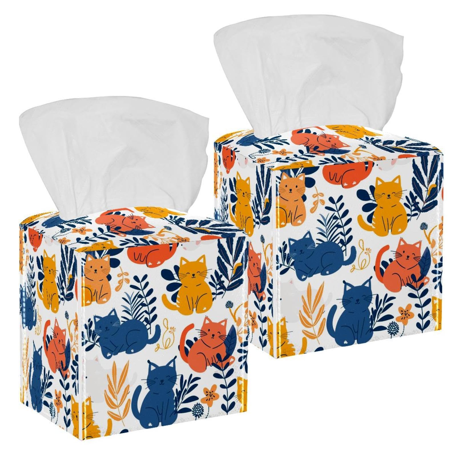 Cat Cartoon Tissue Box Cover, 2 Pack PU Leather Square Facial Tissue Dispenser Box holder for Home Office Car