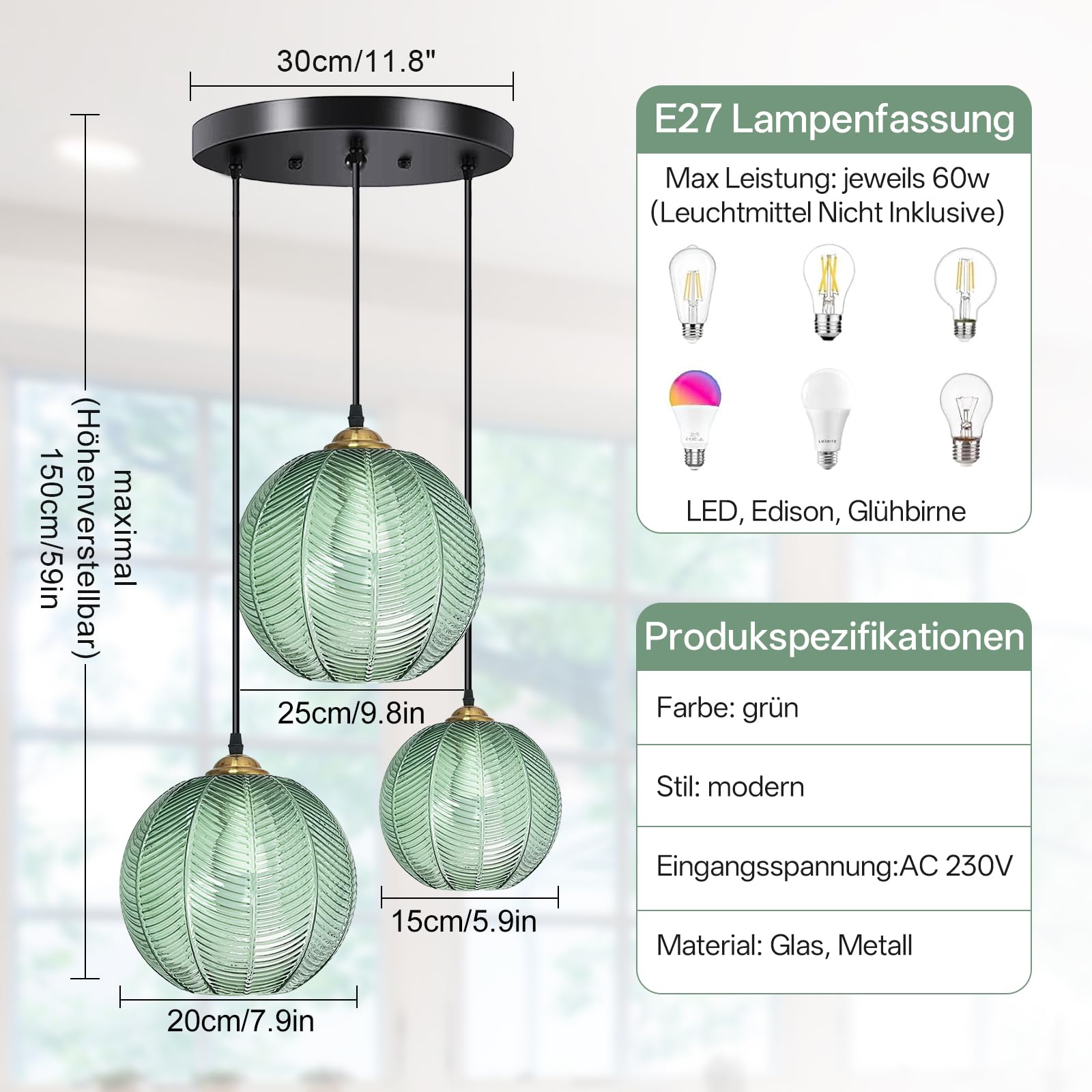 Pendelleuchte Esstisch 3-Flammig, Modern Hängeleuchte Höhenverstellbar Hängelampe Glas Grün, E27 Esstischlampe Hängend für Wohnzimmer Küche Schlafzimmer Flur