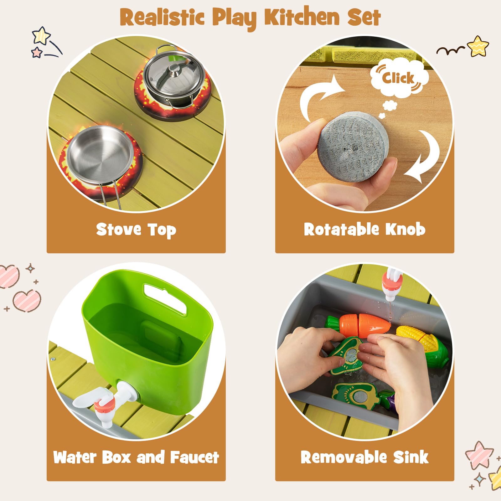 FANTASK Matschküche für Kinder Outdoor & Indoor, Spielküche mit Haken & abnehmbarem Regal, Kinderküche Holz mit Wasserfunktion, Gartenküche Geschenke für Kinder ab 2 Jahren, Natur