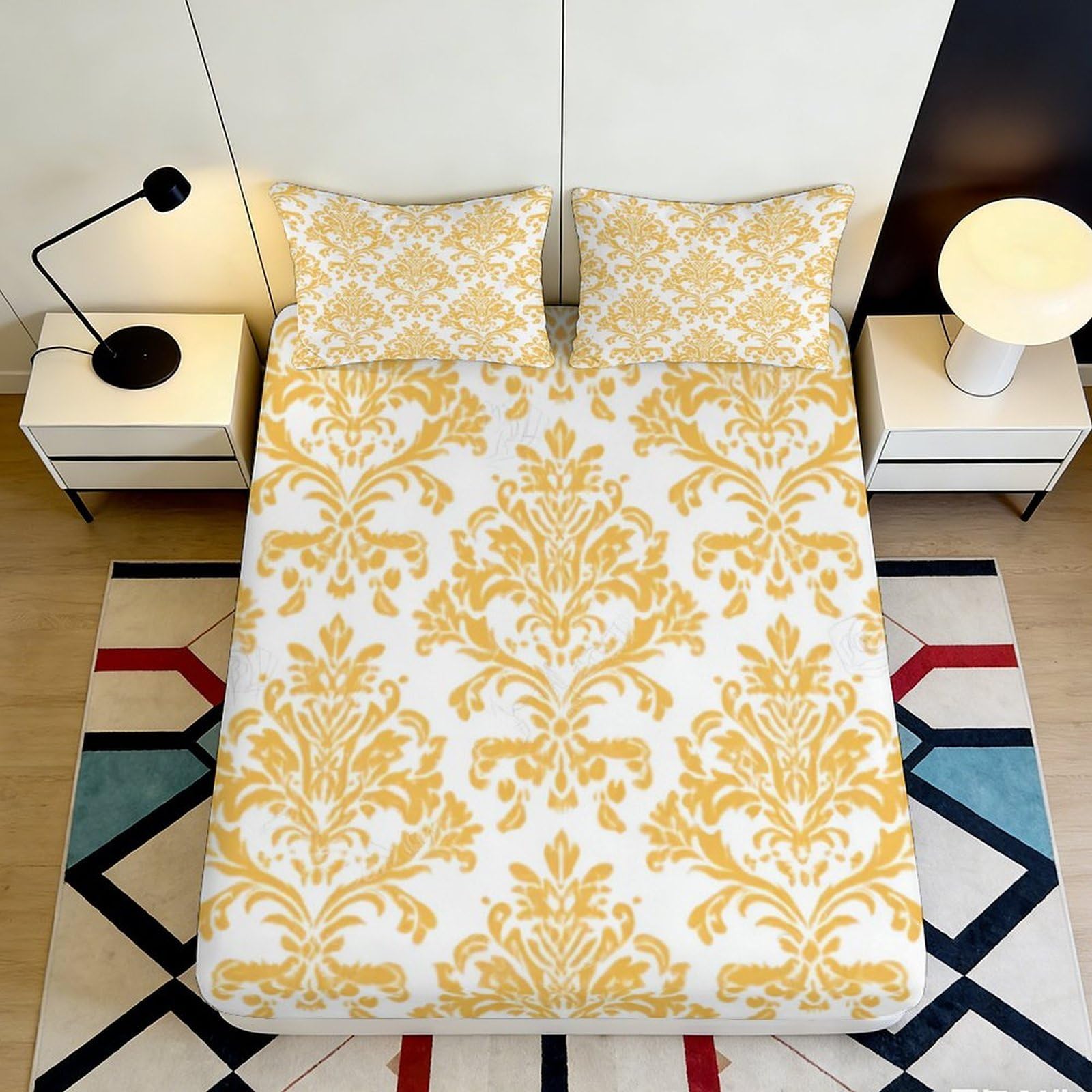 3D Printed Baroque Damask Fitted Sheet Microfiber Yellow Ornate Mattress Cover Bedroom Decor for Home Guest Room 90x200x25cm