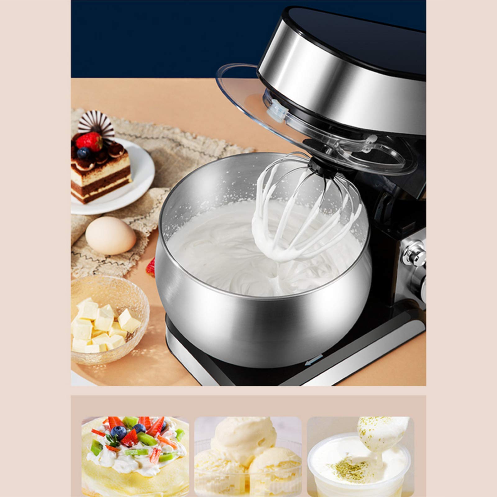 Impastatrice planetaria, planetaria da 1200 W, 6 velocità, 5,5 l, con gancio per impastare, frusta e sbattitore, ciotola per impastare e paraspruzzi rimovibile, argento