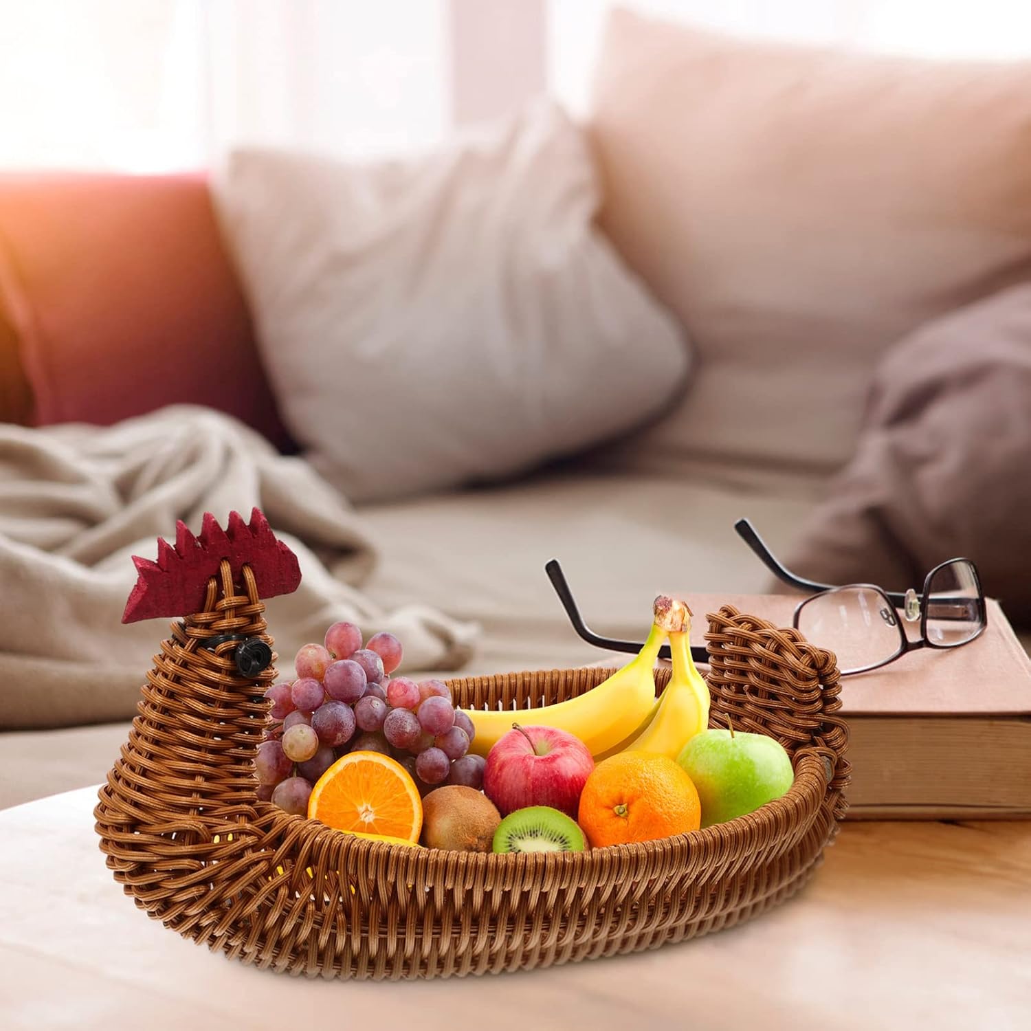 jojofuny Woven Rattan Basket Rattan Woven Fruit Basket Chicken Egg Basket Wicker Easter Eggs Container Food Serving Holders for Countertop Vegetables Home Kitchen Restaurant