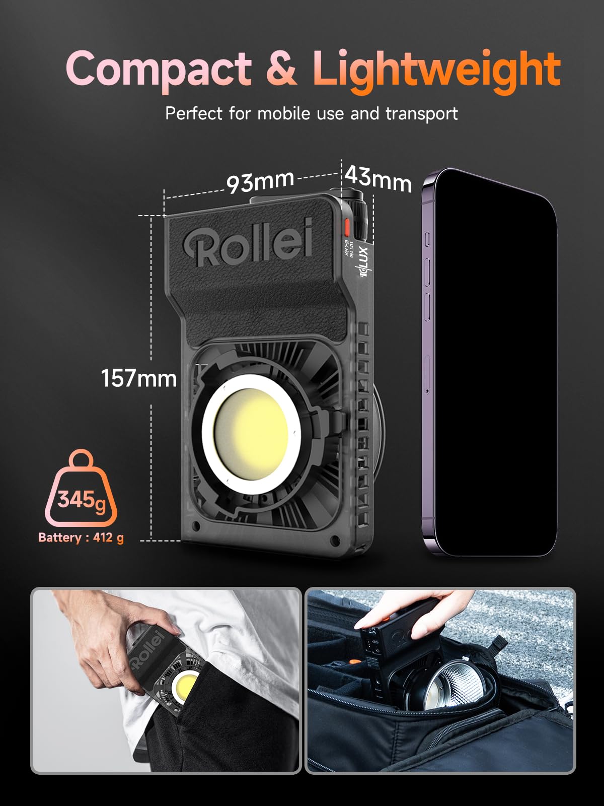 Faretto Fotografia, Rollei LUX 100W Luce Video Professionale Portatile 345 g DC/Tipo C con APP Candela per Registrare Video Intervista Live Streaming, Faretto-LED-Luce-Fotografia-Video