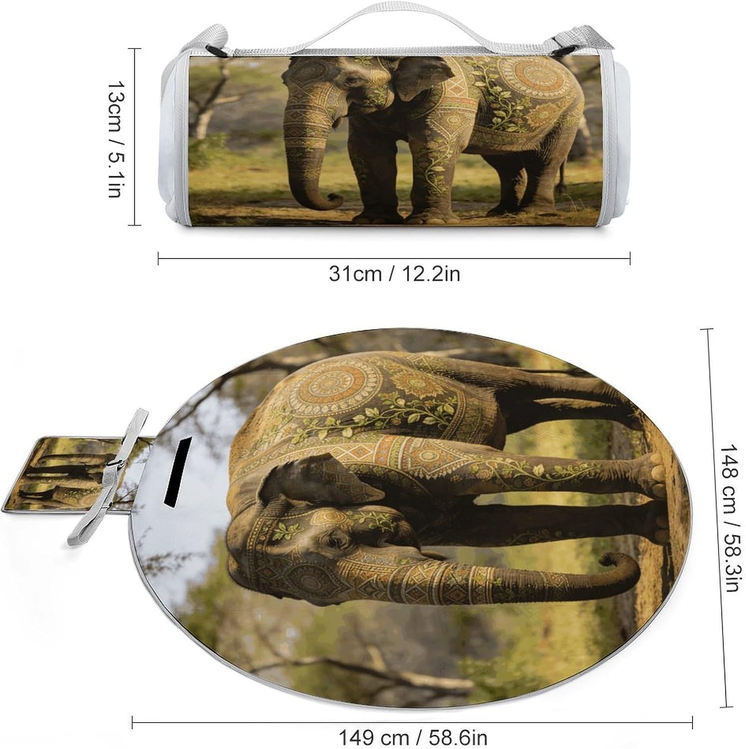 Decorative Patterned Elephant Round Picnic Outdoor Blanket with Carry Strap,Lightweight Folding Portable Travel Blanket Waterproof Sand Proof Camping Blanket for Camping, Beach, Park 58.3"x58.6"