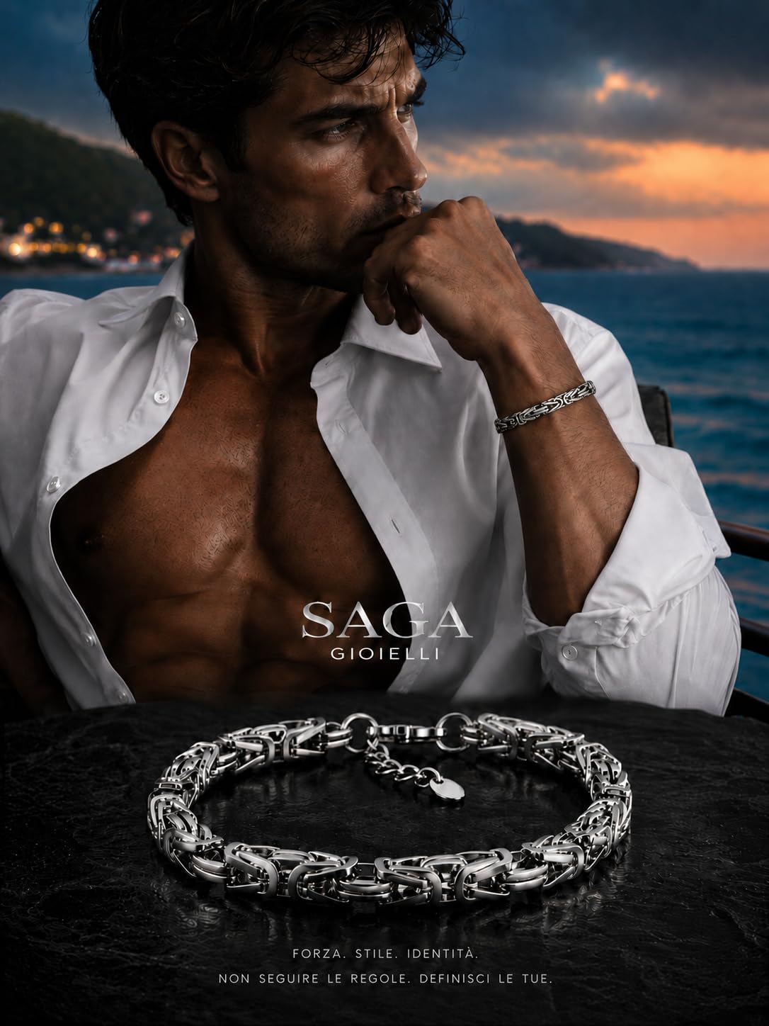 SAGA GIOIELLI Bracciale Uomo in Acciaio Inossidabile Lucido 7 mm, Catena Bizantina Elegante, Lunghezza Regolabile 19,5 + 5 cm, Bracciale Anallergico Resistente all’Acqua, Idea Regalo Uomo