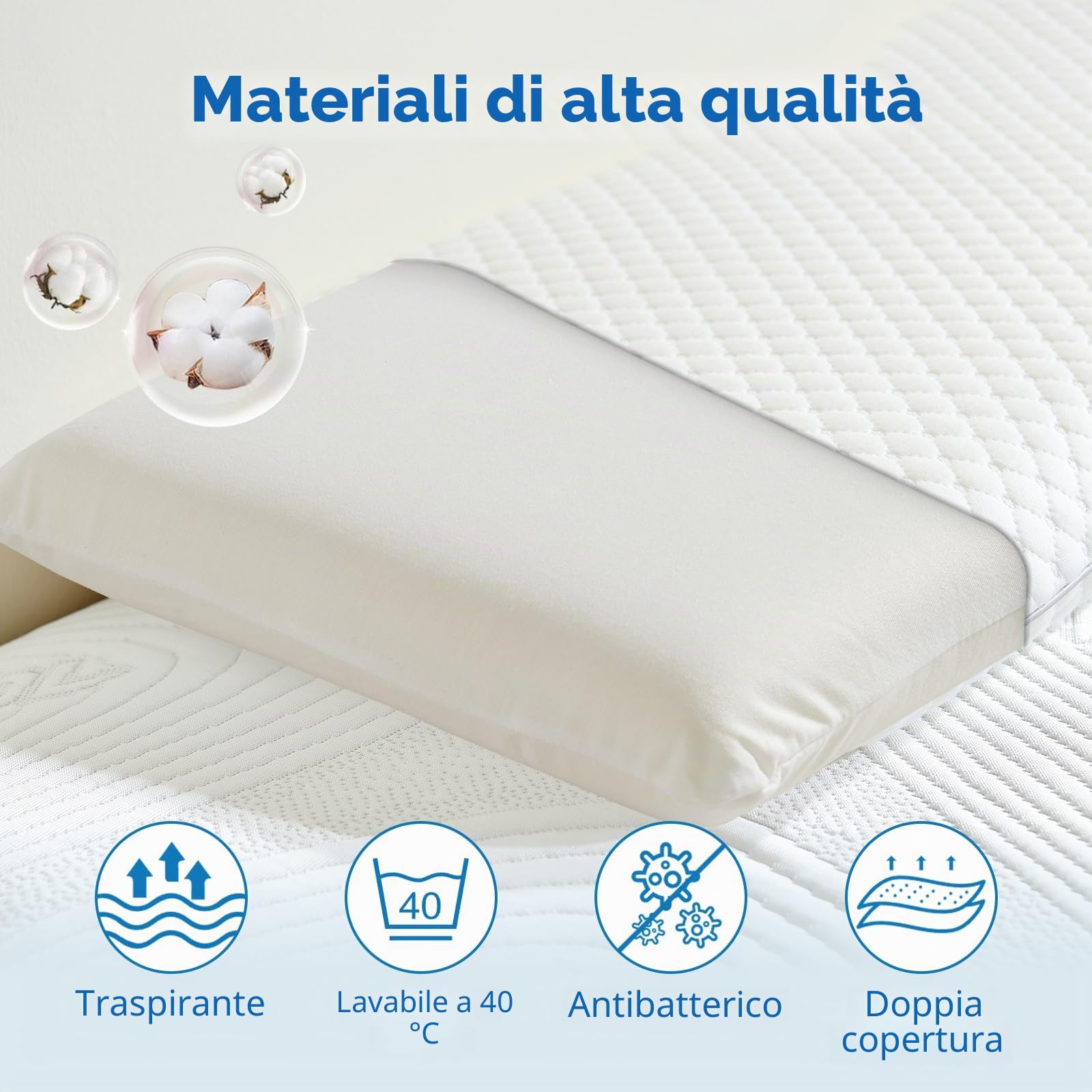 Cuscino ergonomico in memory foam per bambini 3-10 anni con rivestimento in cotone traspirante