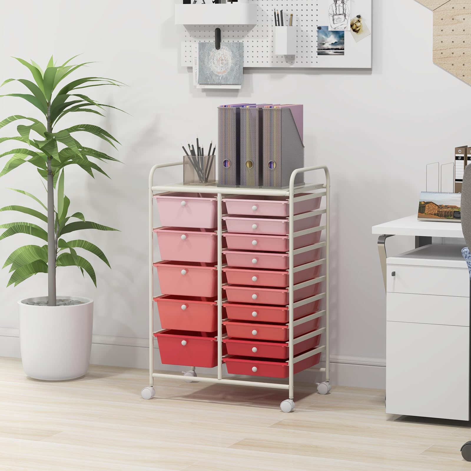 GOPLUS Desserte à roulettes avec 15 Tiroirs en Plastique Coulissant, Cadre Fer Blanc, 63x37x87CM, Chariot de Rangement à roulettes, 2 avec Frein, Poignée Latéral, pour Chambre, Bureau (Rose Dégradé)