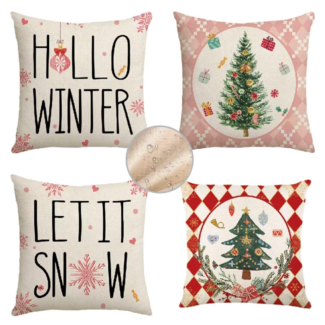 Outdoor Kissen Winter Kissenbezug 55x55 cm Kopfkissen 4er Set Sofakissen Wetterfest Kissenhülle Dekokissen Schnee Kissenbezüge Quadratische Leinen