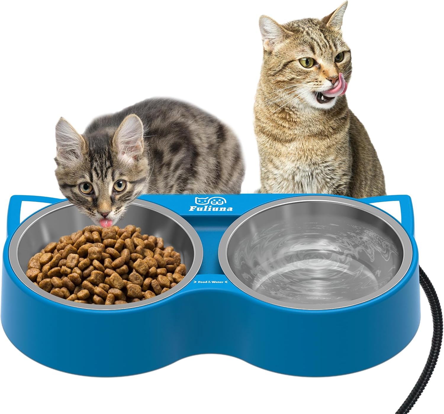 heated cat bowl for outdoor cats in winter, heated water food bowl with 2 stainless steel bowls 23 oz each, waterproof heated pet bowl for outside cat dog bird, no more frozen food or water.