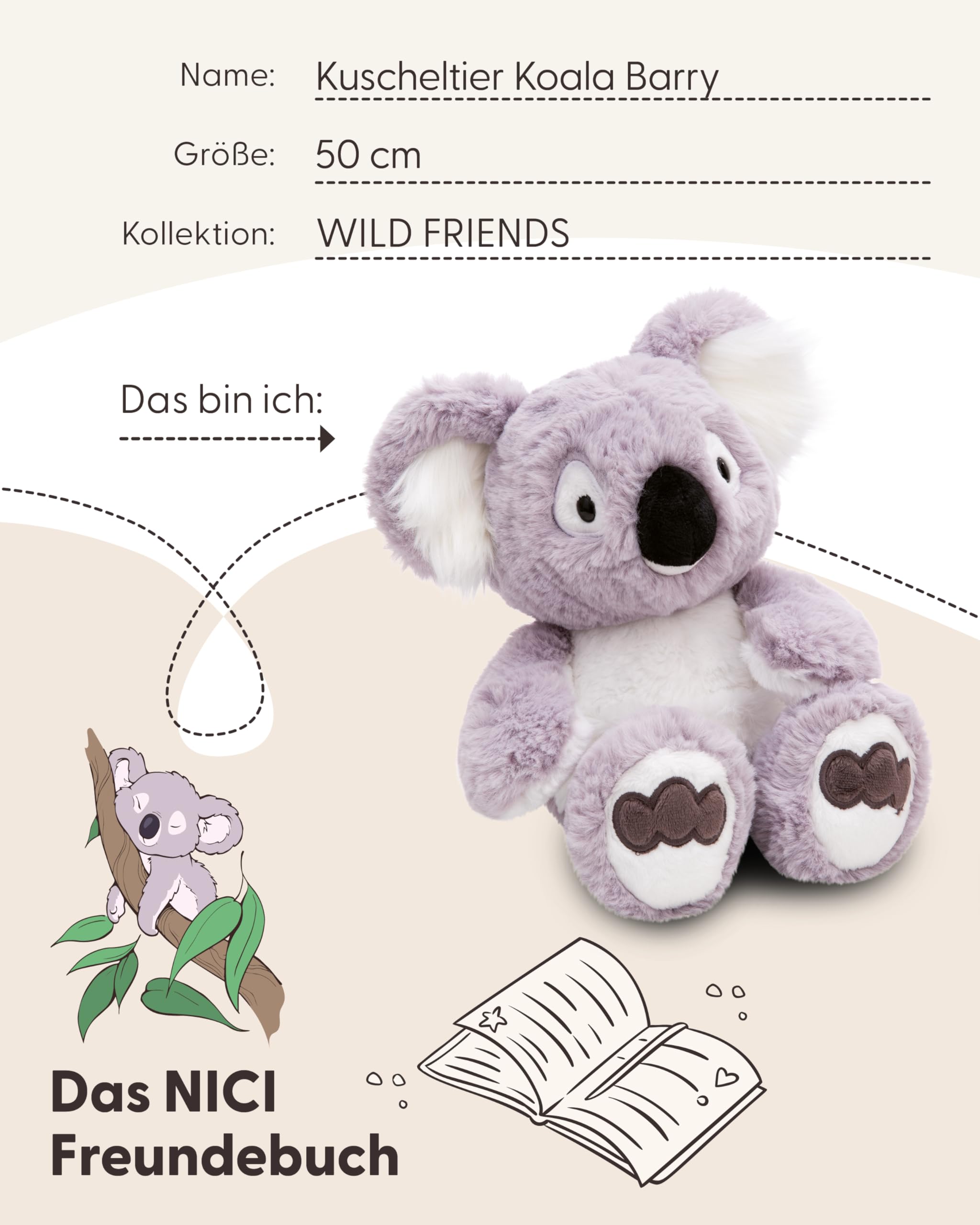 NICI Kuscheltier Koala Barry 50cm - grau - Stofftier aus weichem Plüsch, niedliches Plüschtier zum Kuscheln und Spielen, für Kinder & Erwachsene, tolle Geschenkidee - 61722