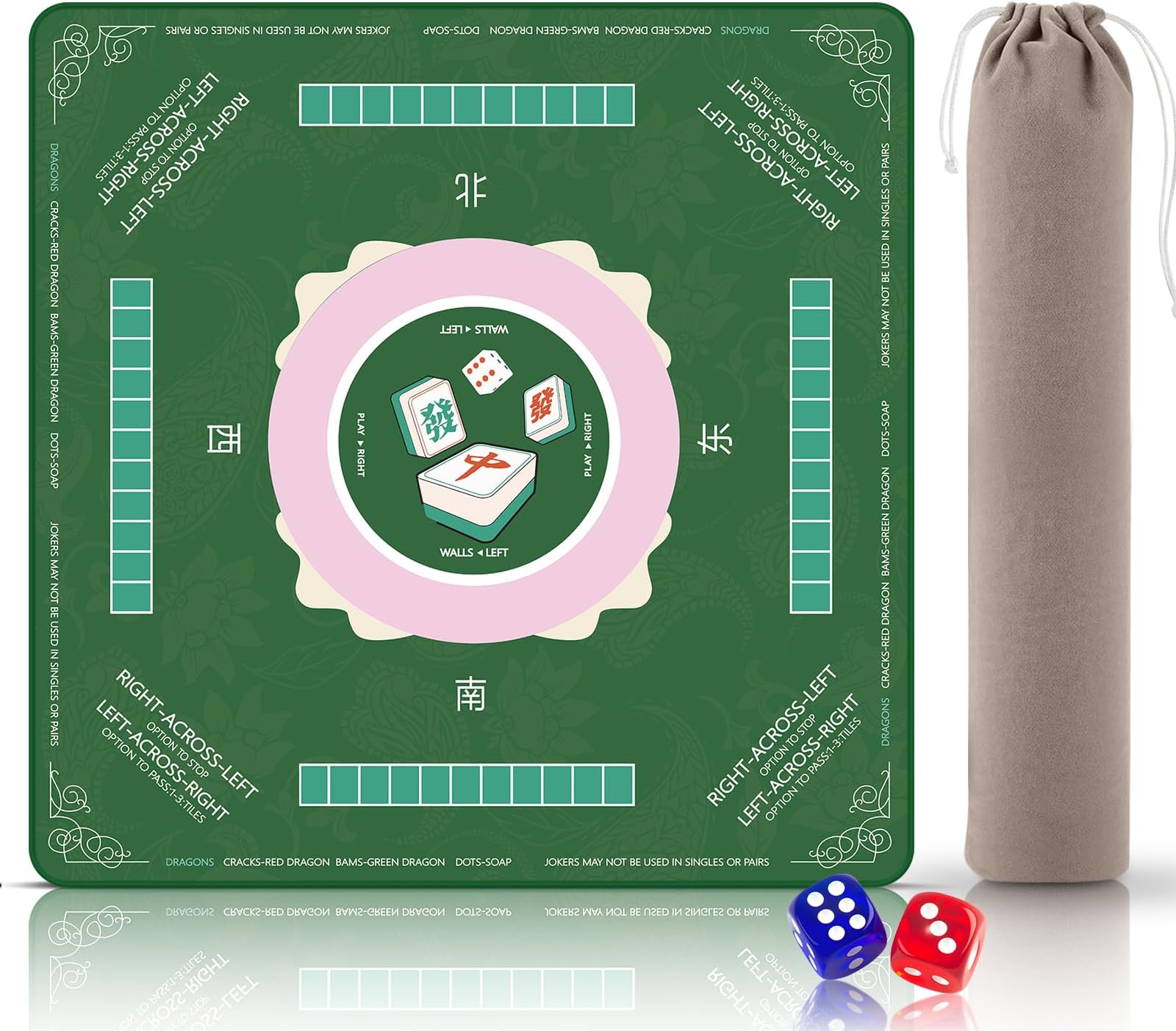 Mahjong Mat 32"x32" Mahjong Mat for Table Non-Slip Mahjong Mat with Rules Noise Reduction Mahjong Mat with Rules Gaming Mat for American, with Dice and Storage Bag