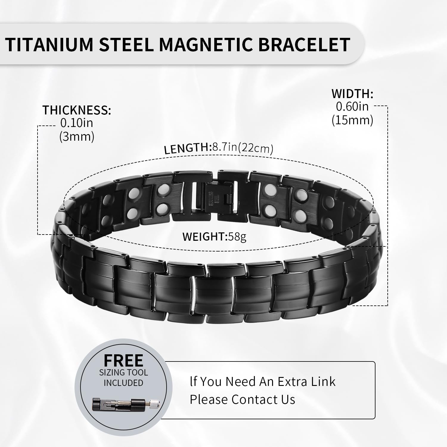 MagEnergy Pulseras magnéticas de acero de titanio para hombre, doble fila de imanes ultra resistentes, pulseras magnéticas con herramienta de extracción de eslabones ajustables y caja de regalo de