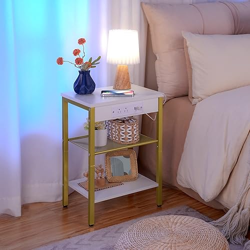 Miniatura 9 de HOOBRO Juego de 2 mesas auxiliares con estación de carga y puertos USB, mesita de noche de 3 niveles con estantes ajustables, mesa auxiliar estrecha