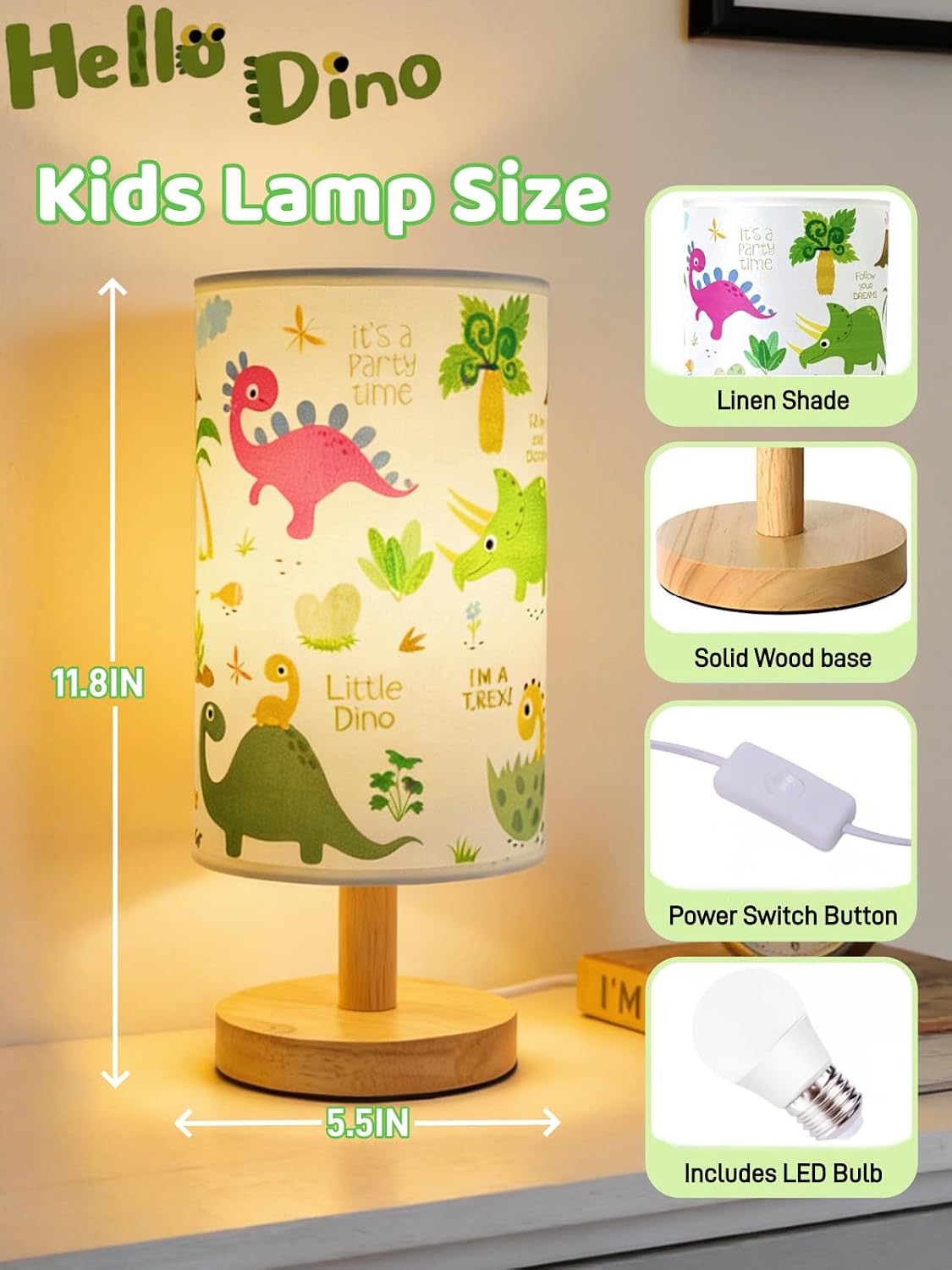 Dinosaur Lamp,Cute kids Table Lamps for Bedroom Boys Dino Decor Beside Lamp image 5