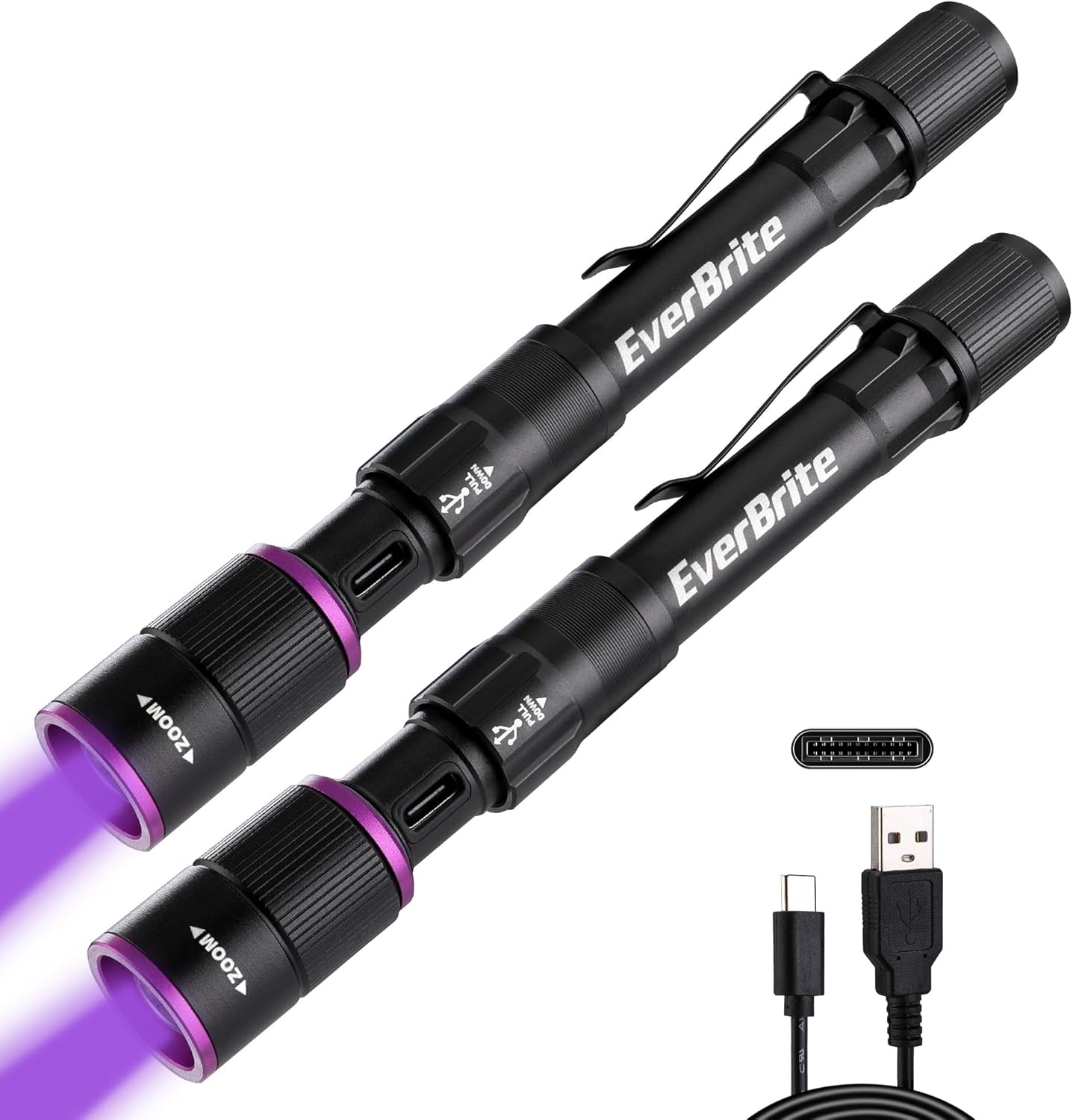 EverBrite Rechargeable Pen Flashlight with UV Light and White Light, 395nm Black Flashlight with Clip, Zoomable 4 Modes with Memory Function, USB C Cable, for Camping, Emergency(Black, 2 Pack)