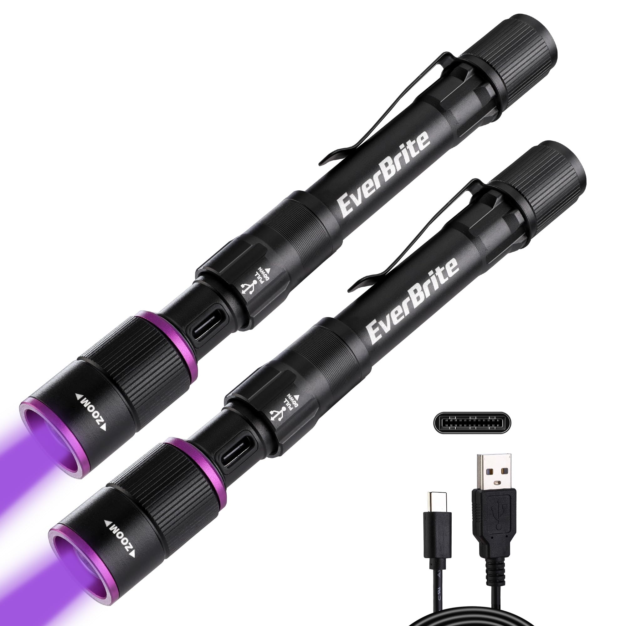 everbrite rechargeable pen flashlight with uv light and white light, 395nm black flashlight with clip, zoomable 4 modes with memory function, usb c cable, for camping, emergency(black, 2 pack)