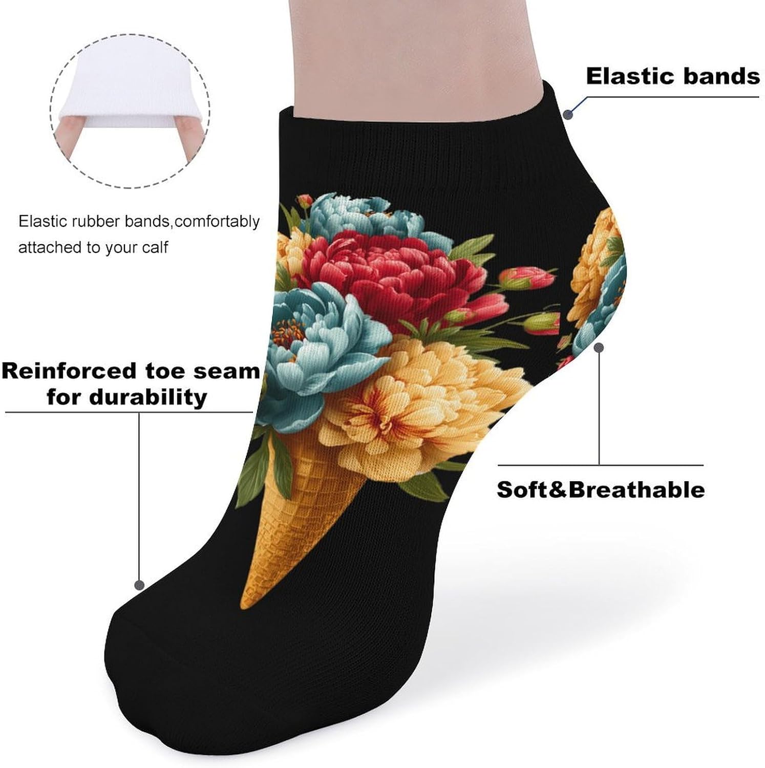 Ice Cream Flower Socks for Men Women 5 Pairs Ankle Socks