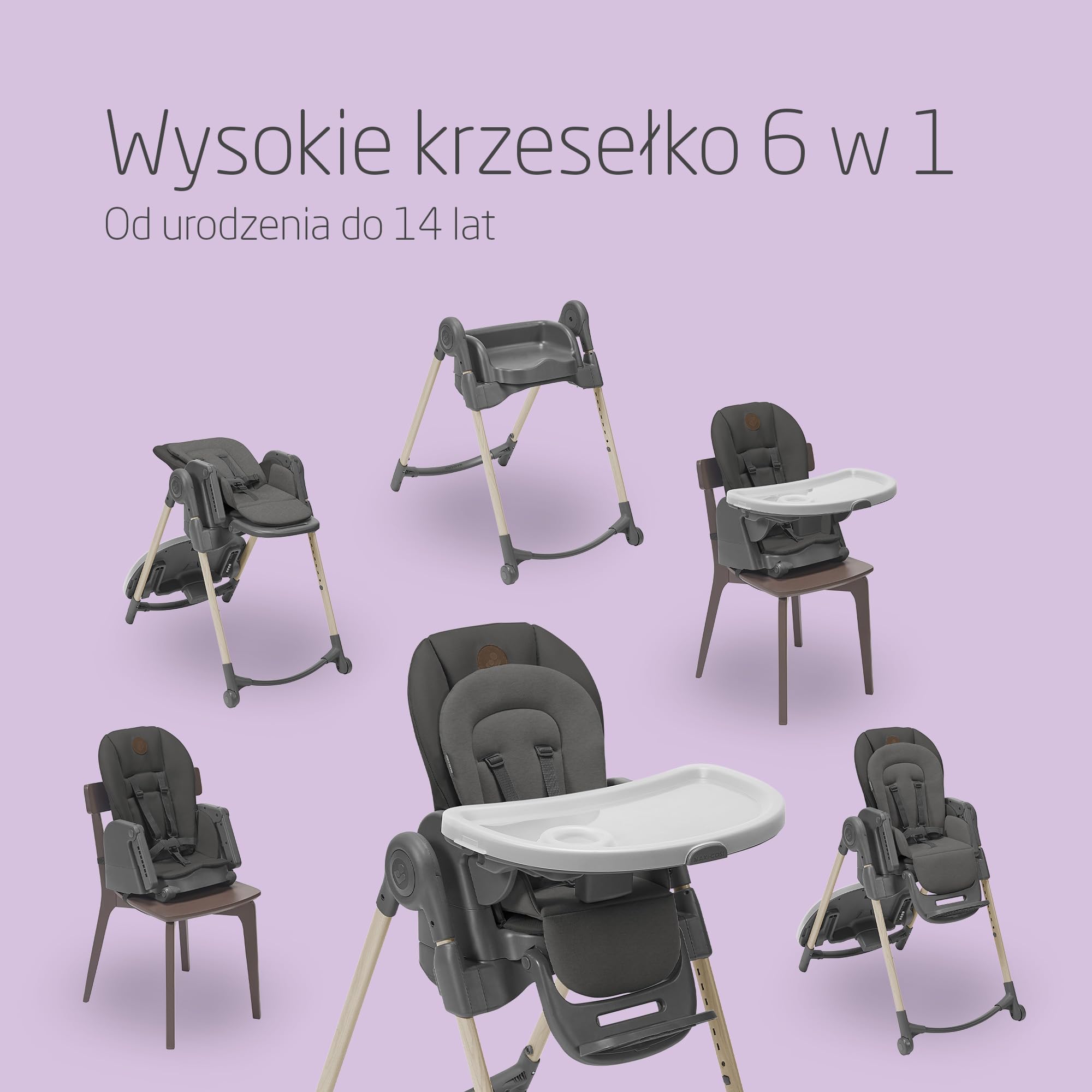 Maxi-Cosi Minla Krzesełka do Karmienia, 0–14 lat, do 60 kg, Wysokie Krzesełko, 9 Wysokości, 5 Pozycji Odchylenia, 4 Pozycje Tacy, Kompaktowe Składanie, Regulowany Podnóżek, Beyond Graphite