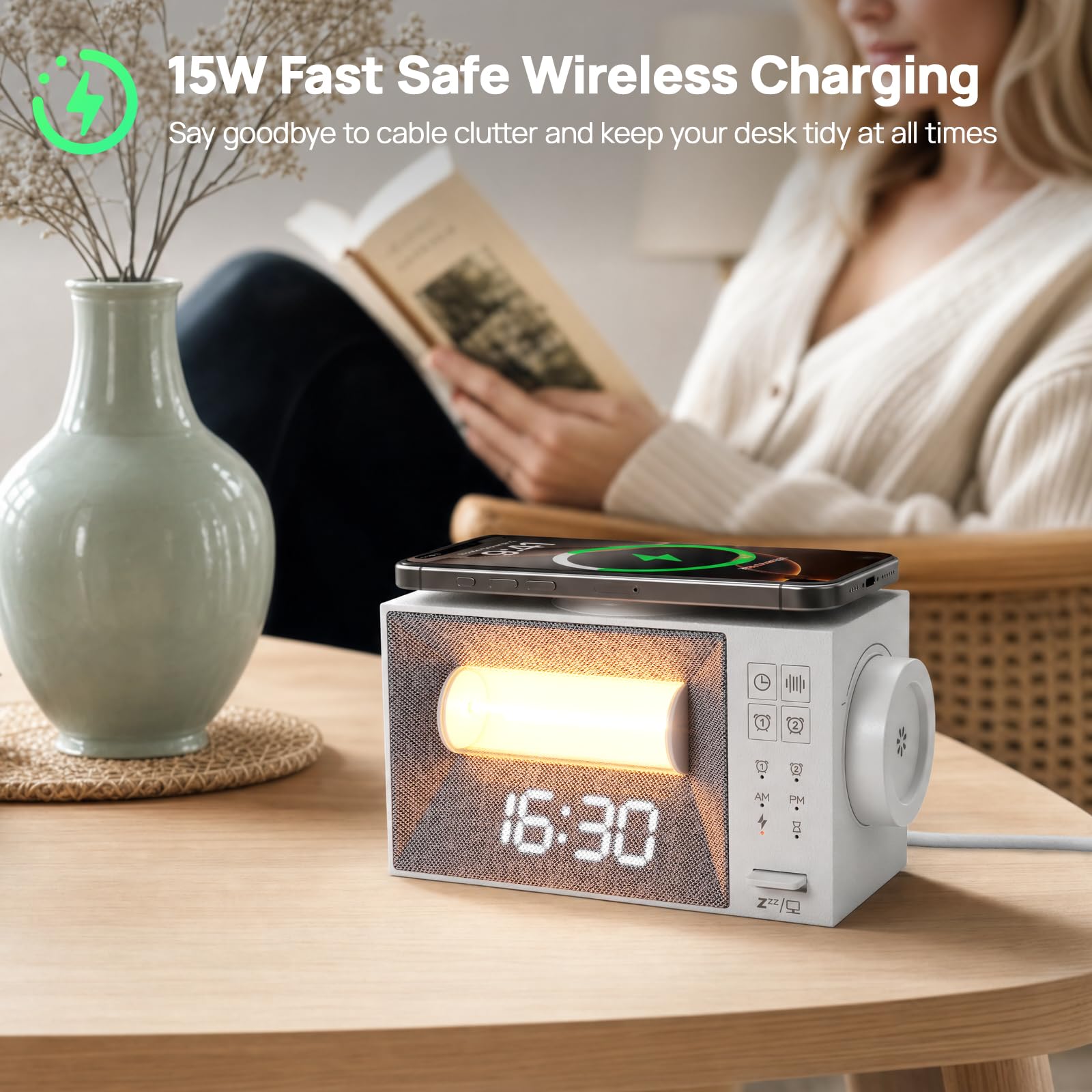 Despertador digital con estación de carga, cargador rápido inalámbrico de 15 W, despertador digital con 20 sonidos naturales, luz nocturna, lámpara de noche con luz diurna, despertador con función de