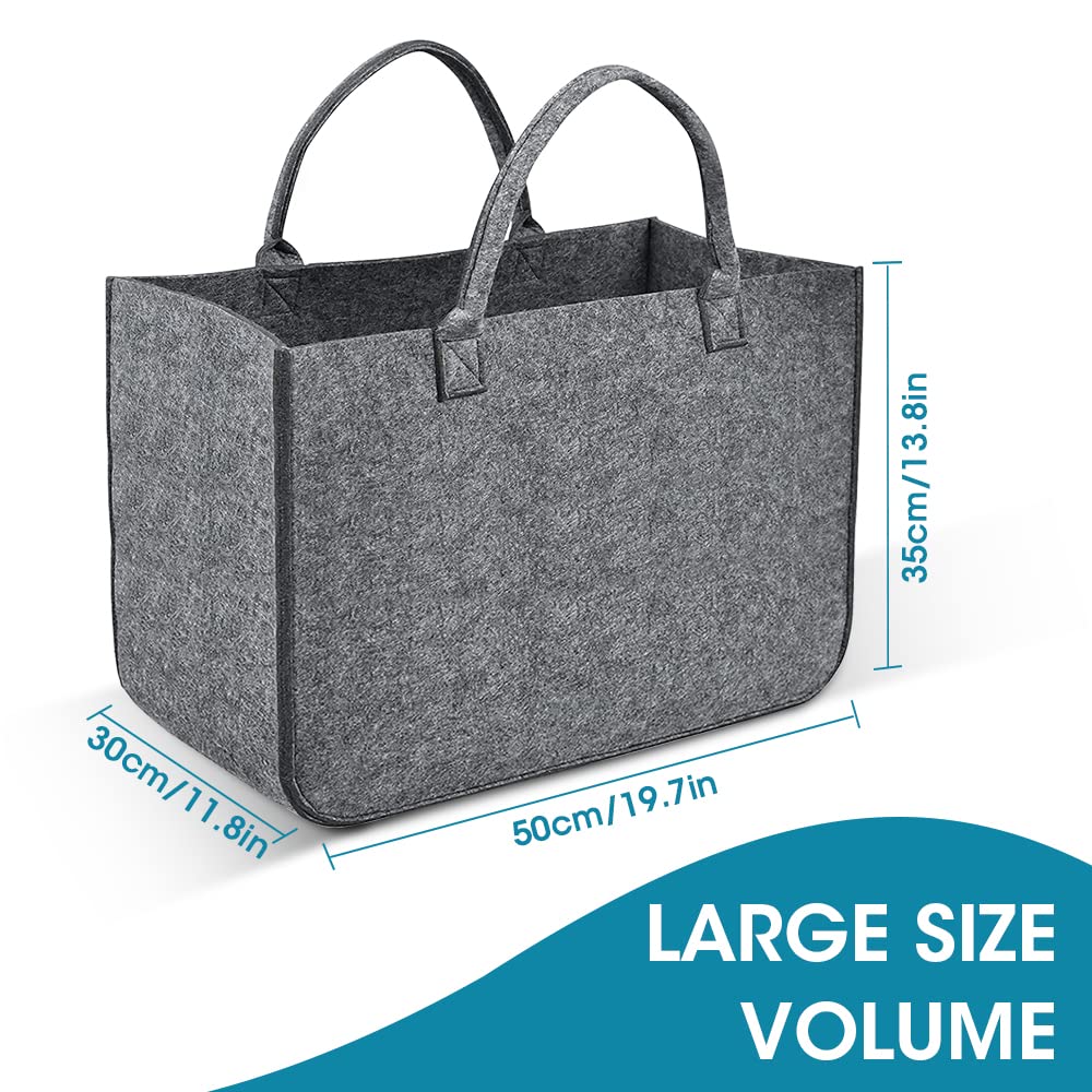 Borsa per Legna da Ardere in Feltro, 2 Pezzi Borse per Spesa Cesto per Legno, Pieghevole Portalegna da interno per Camino, per Shopper, Portariviste da Terra, Giornale, Giocattoli (Grigio Medio)