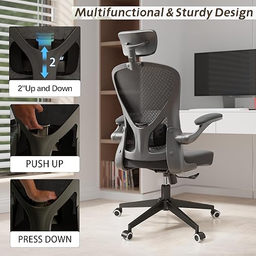 Miniatura 3 de Silla de oficina ergonómica con función de inclinación, reposacabezas ajustable con brazos abatibles, cojín para soporte lumbar y ruedas