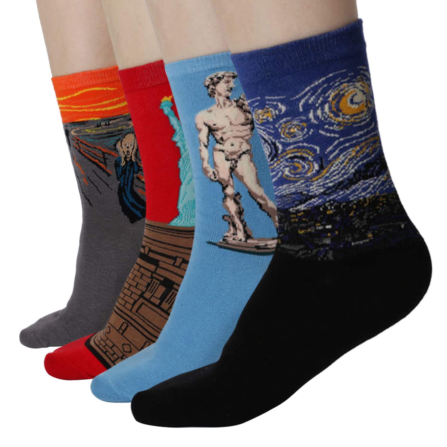 TSWRK4 Pair Famous Painting Art Printed Funny Novelty Casual Cotton Crew Socks Men Women