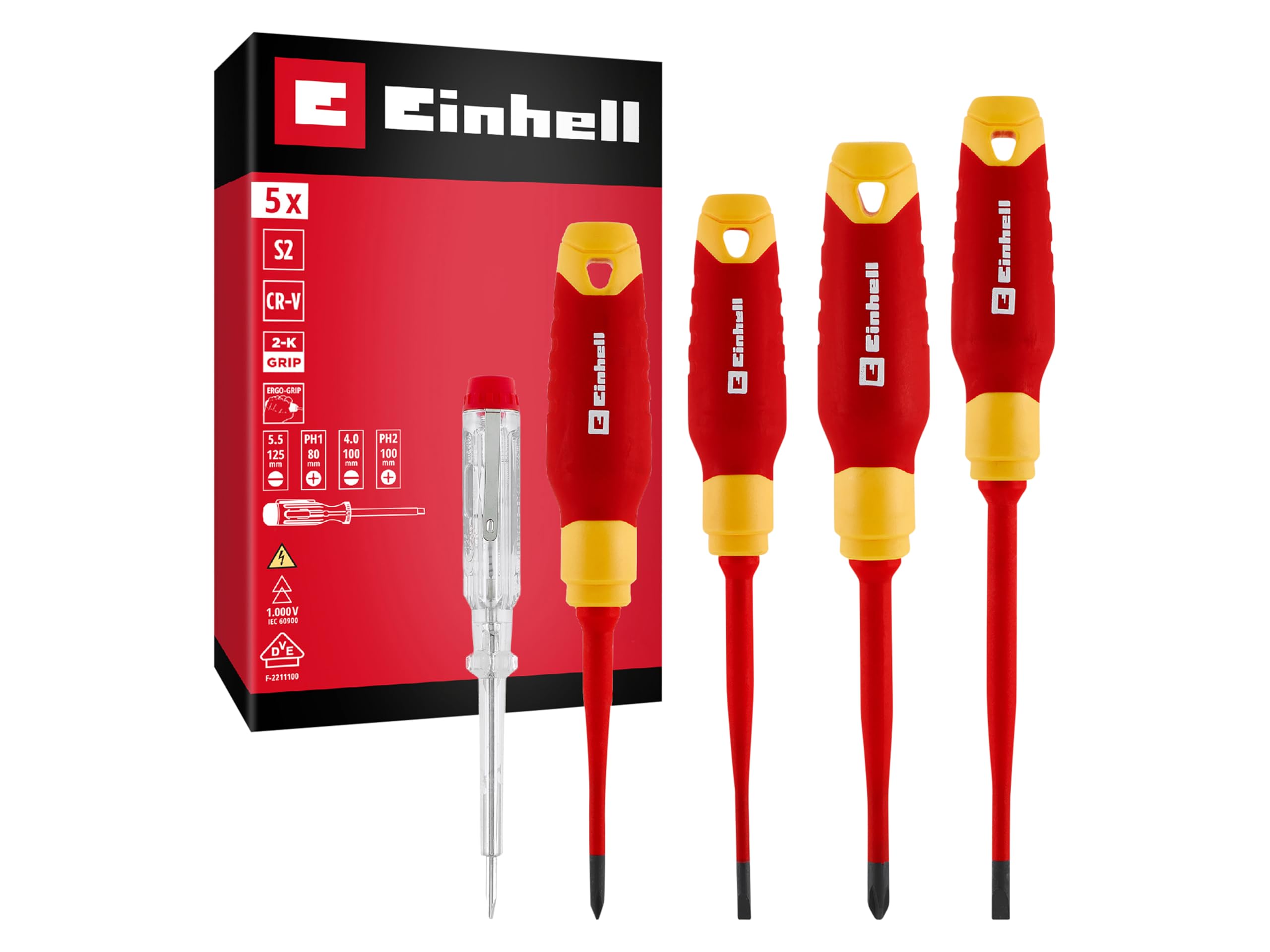 Einhell - Juego de herramientas de electricista original de 5 piezas (controladores aislados, probador de voltaje, cuchillas S2, asas ergonómicas, instalaciones eléctricas)