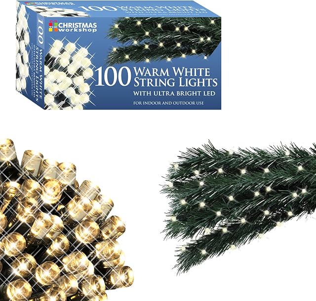 The Christmas Workshop 75440 Warm White Christmas Tree Lights / 100 Static LED Decorative Fairy Lights / 6.9 Metres Long / Mains Operated / Indoor Or Outdoor Home Christmas Decorations