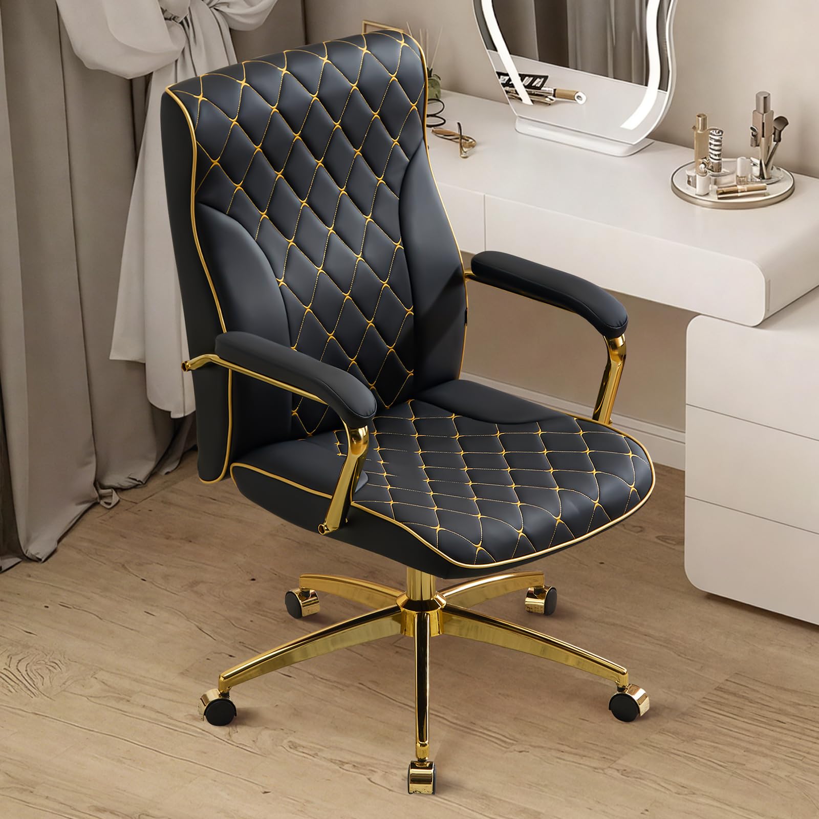 Bürostuhl Ergonomisch, PU Leder Chefsessel, Schreibtischstuhl Computerstuhl Drehstuhl mit Hoher Rückenlehne, Gepolsterter Armlehnen und Höhenverstellbar, Neigefunktion, Schwarz